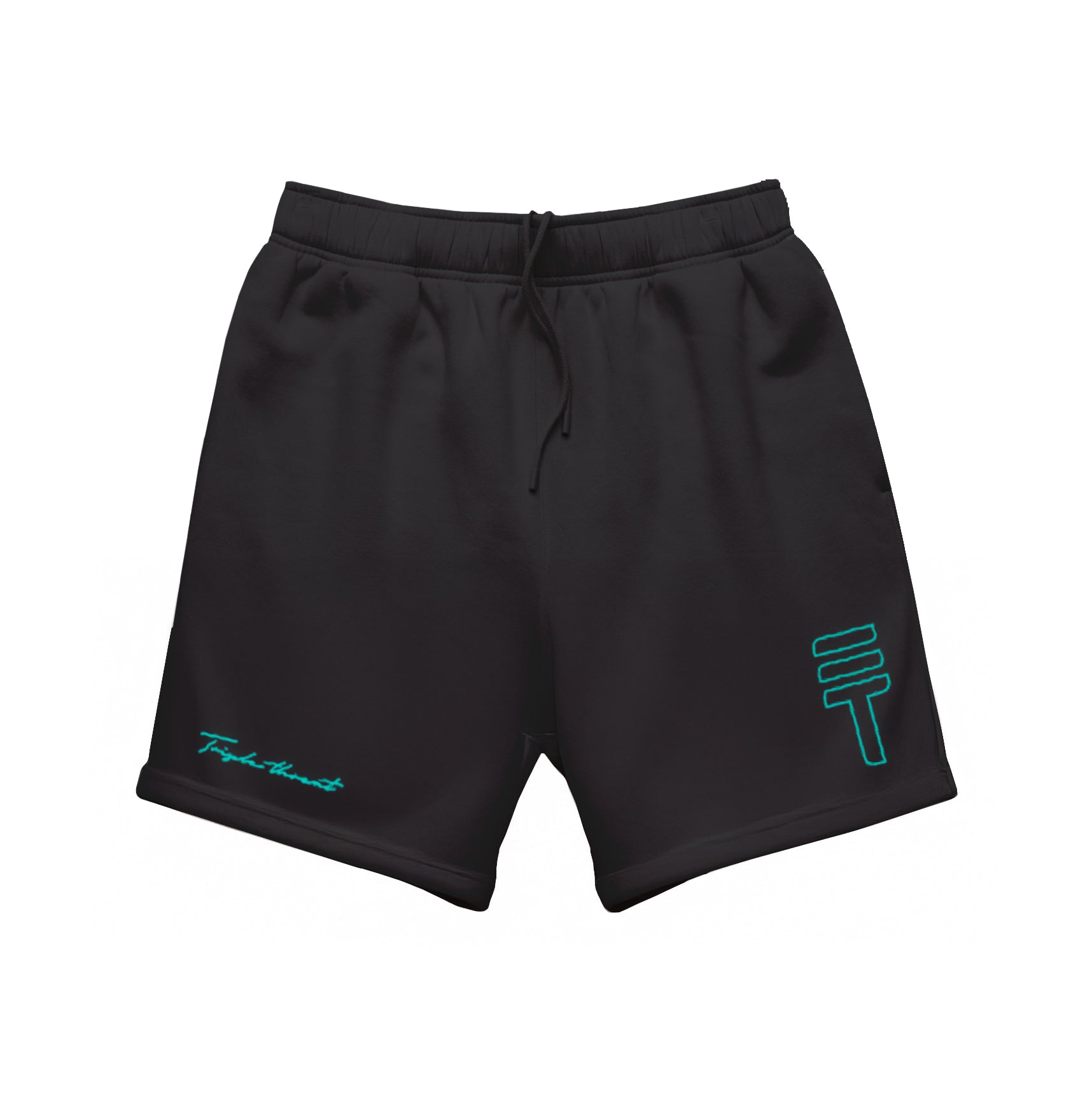 Black fleece shorts with teal Triple Threat branding on a white background