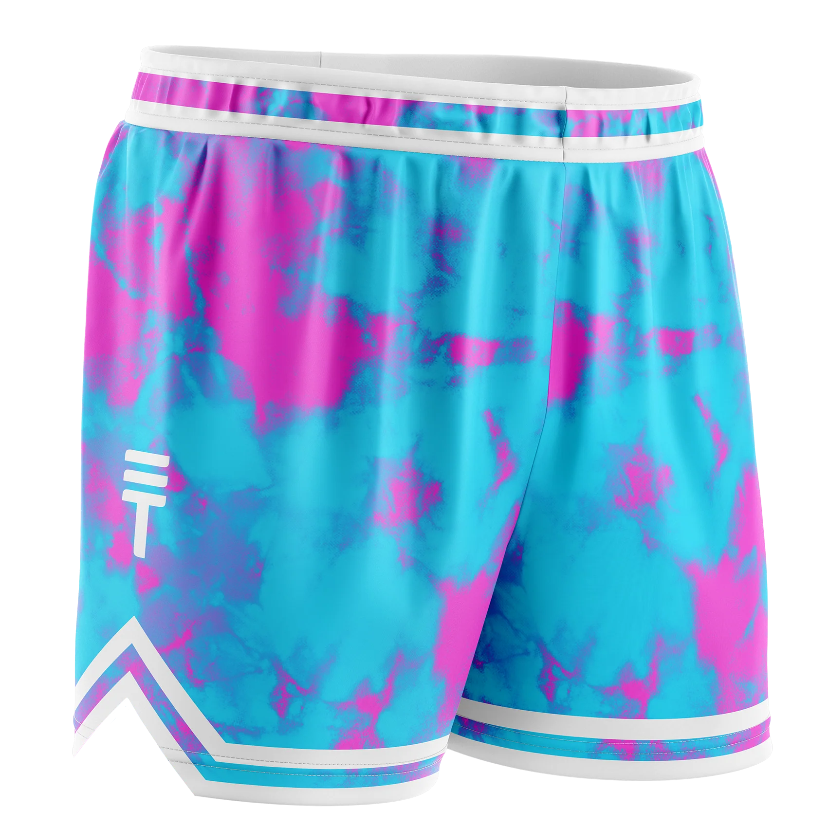 blue and pink tie dye basketball shorts with white trim on the elastic waistband and hem featuring the Triple Threat logo and side pockets