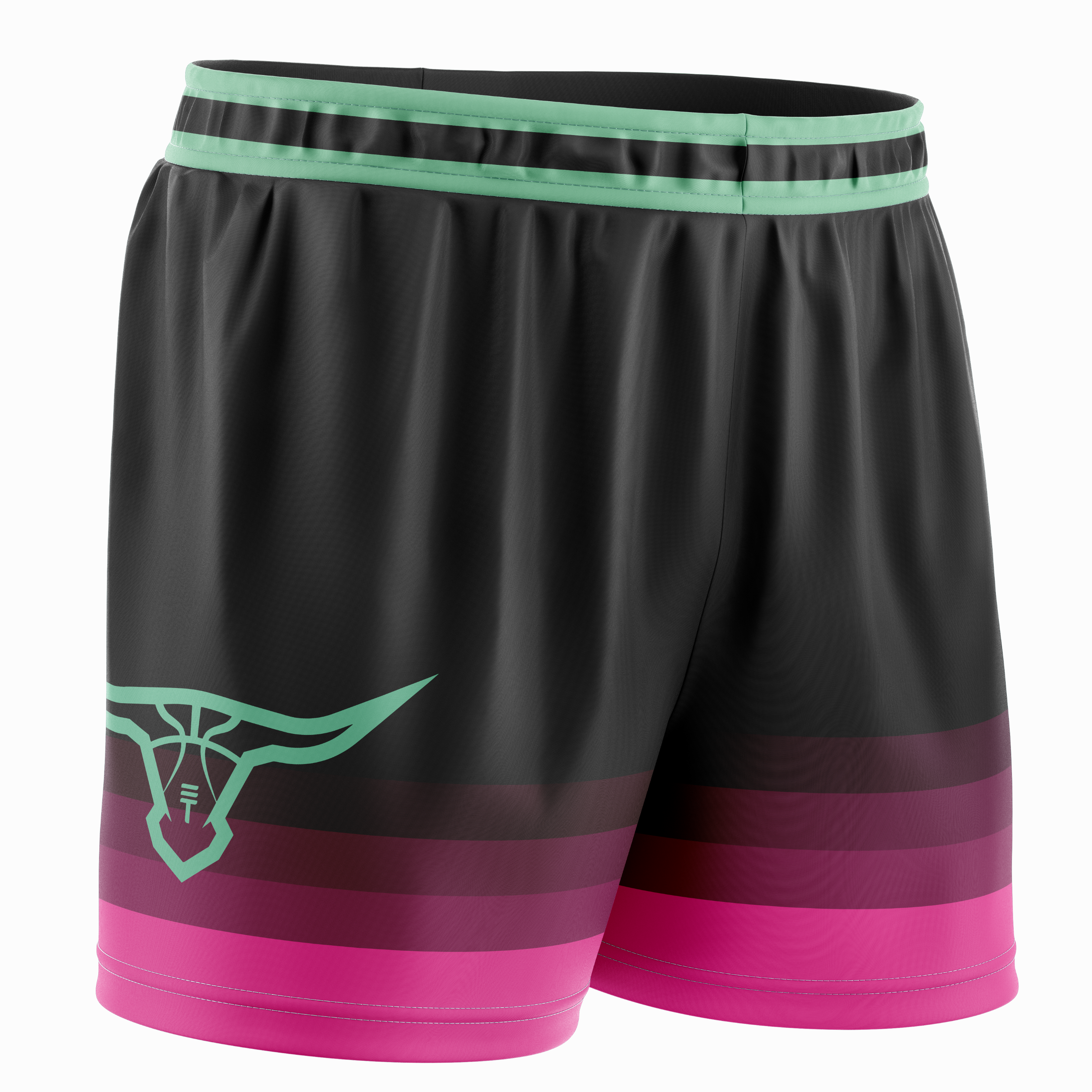 Black basketball shorts with a pink gradient at the bottom, a green double stripe trim around the waist and a Triple Threat buffalo logo in green