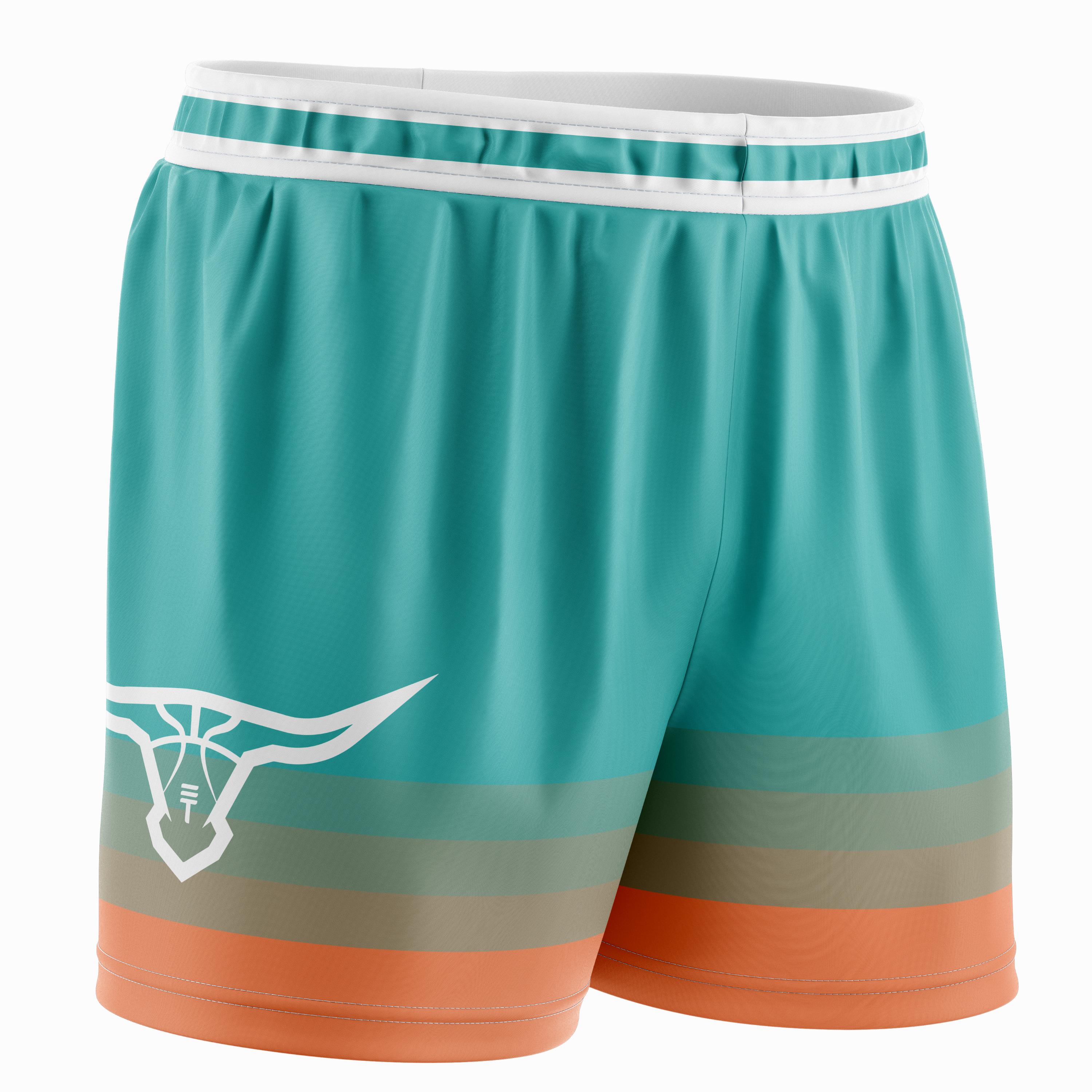Teal basketball shorts with orange gradient towards bottom, with two white stripes around the waist and The Triple Threat Buffalo logo in white