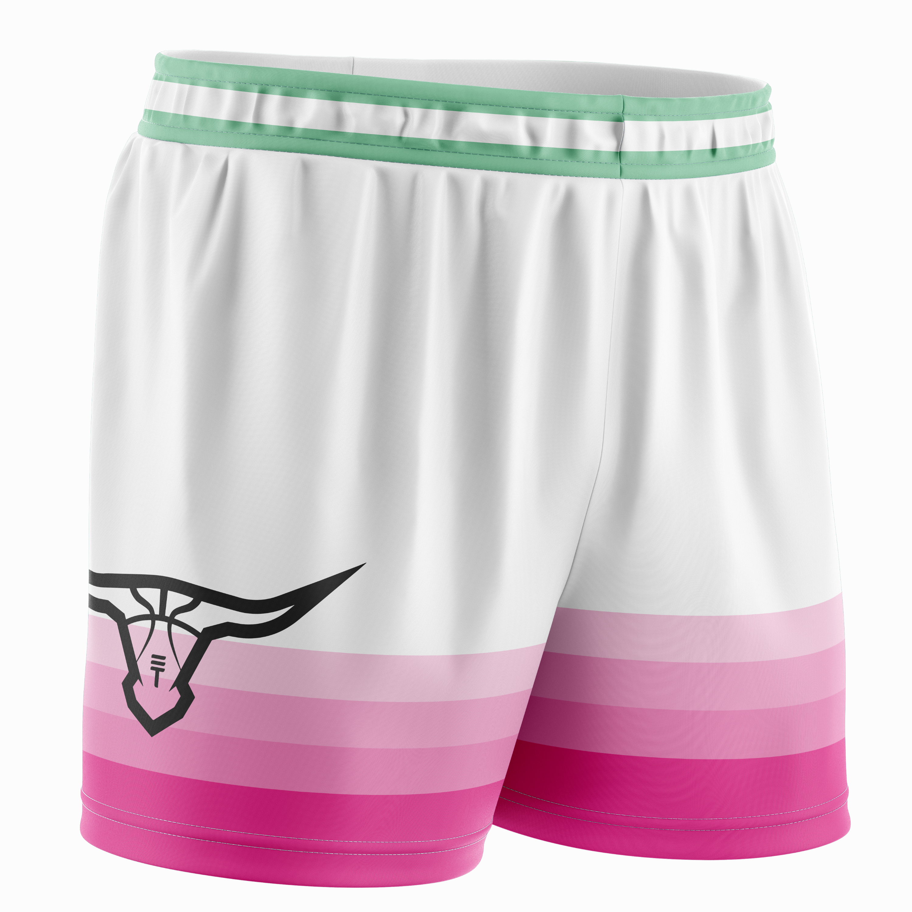 Mesh basketball shorts in white with a green trim around the waist and pink gradient towards bottom featuring the buffalo Triple Threat  logo