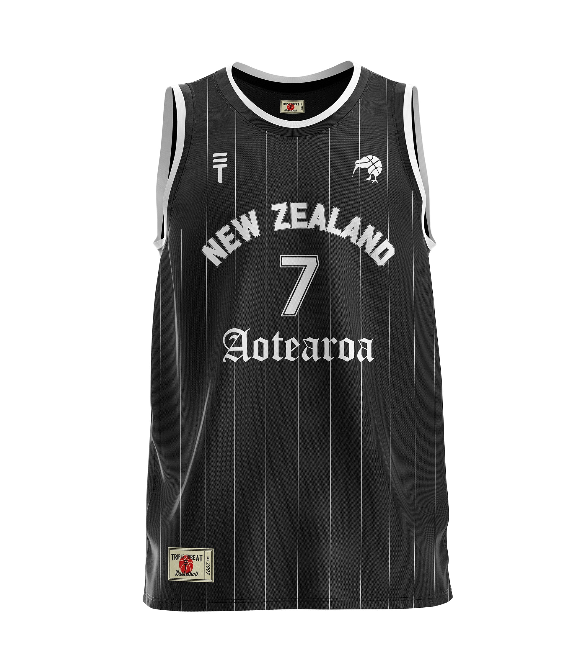 Kids black kiwi singlet featuring "New Zealand" and "Aotearoa"