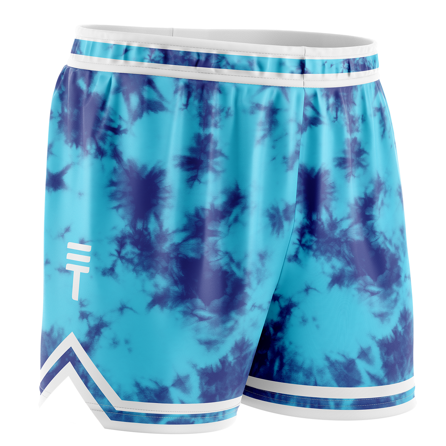 Kids' blue and navy tie-dye basketball shorts with an elastic waistband and the Triple Threat logo in white above double white trim at hem