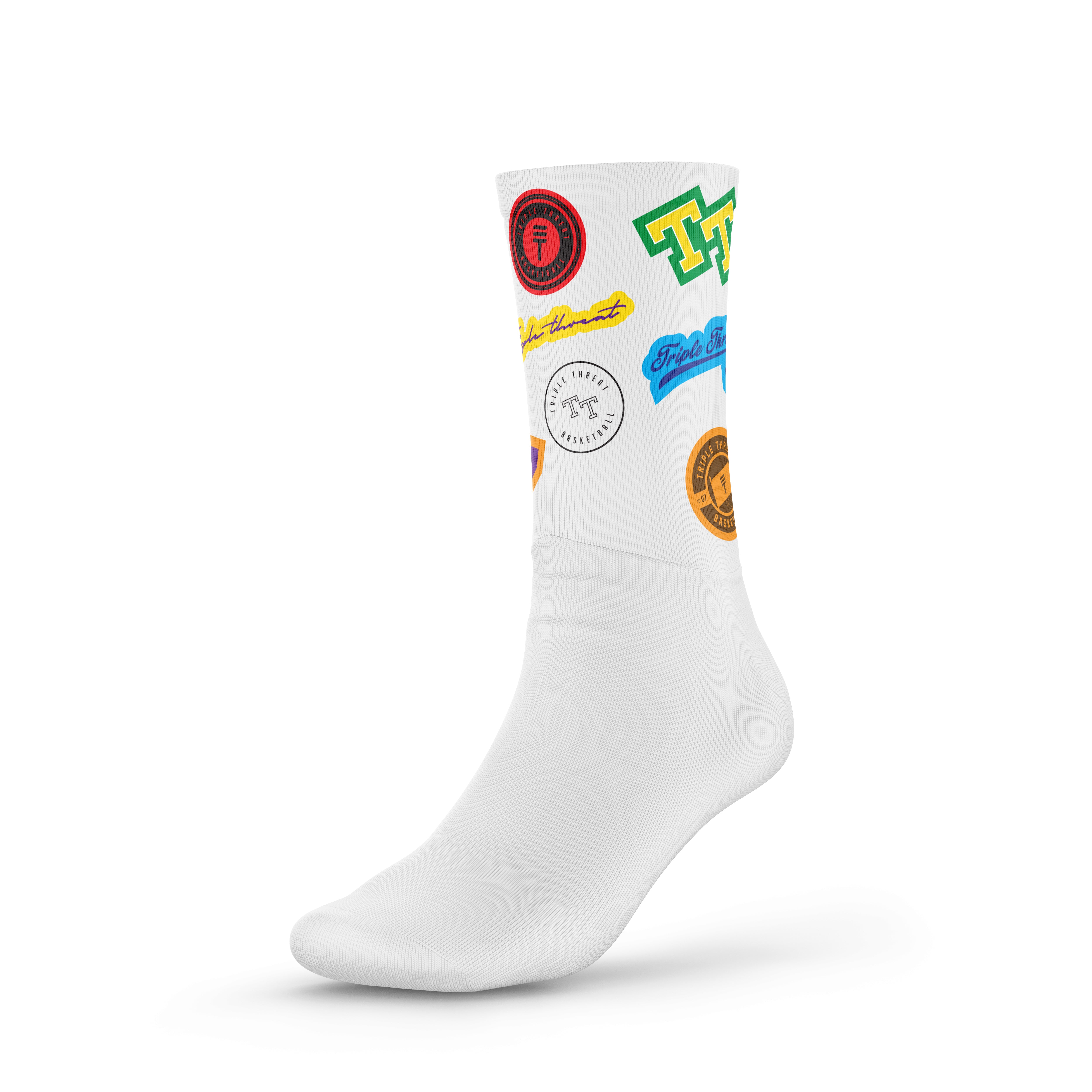 White basketball socks with colourful Triple Threat logos at top