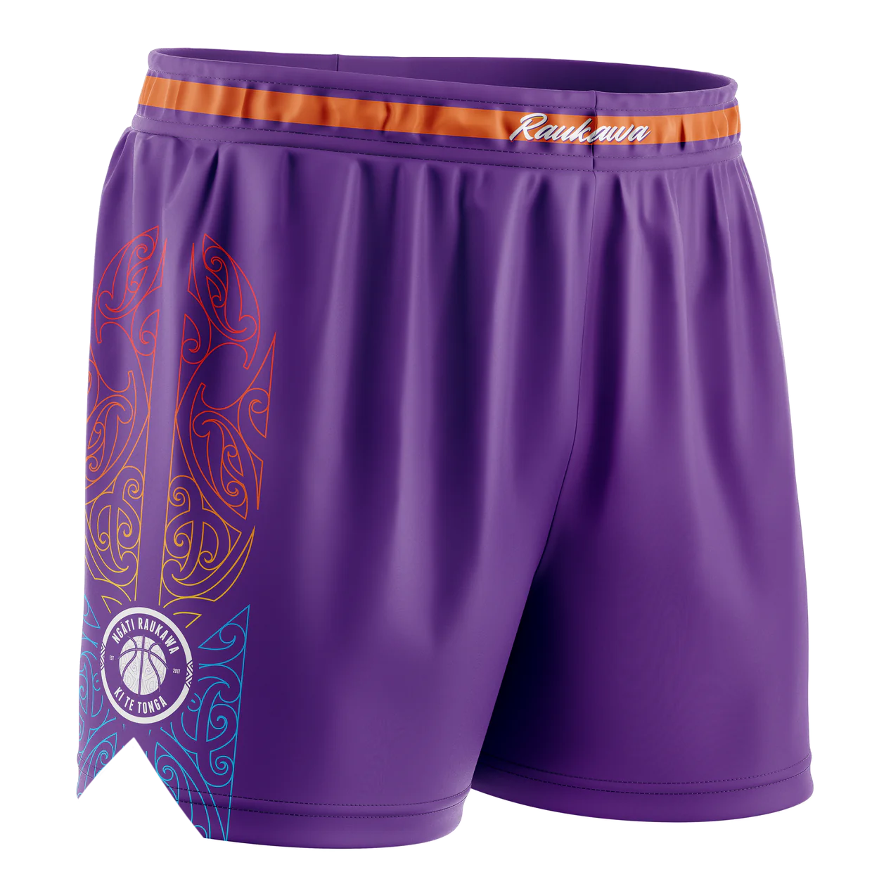 Purple Triple Threat basketball shorts with a Māori-inspired design in orange and blue featuring the Raukawa logo