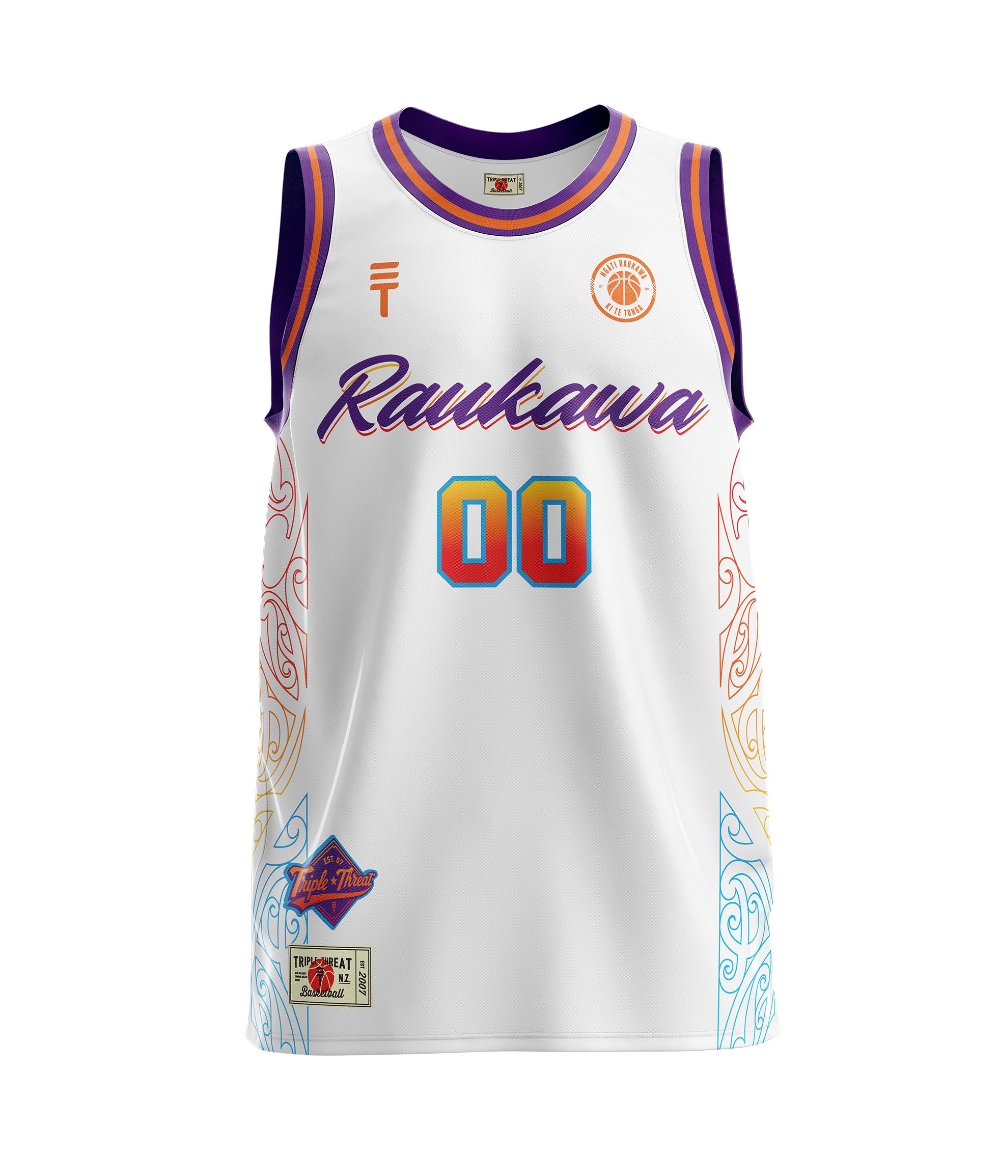 White kids basketball Singlet with Maori designs on sides and the Triple Threat and Raukawa basketball logos