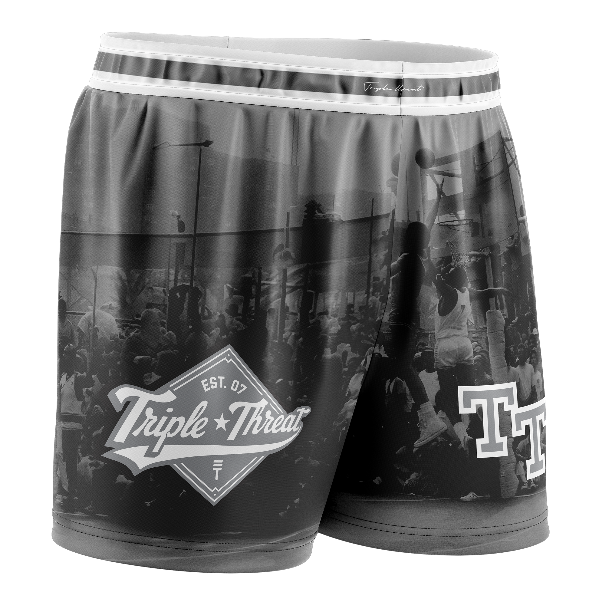 Basketball Shorts with a printed image of Rucker Basketball black and white featuring Triple Threat logos