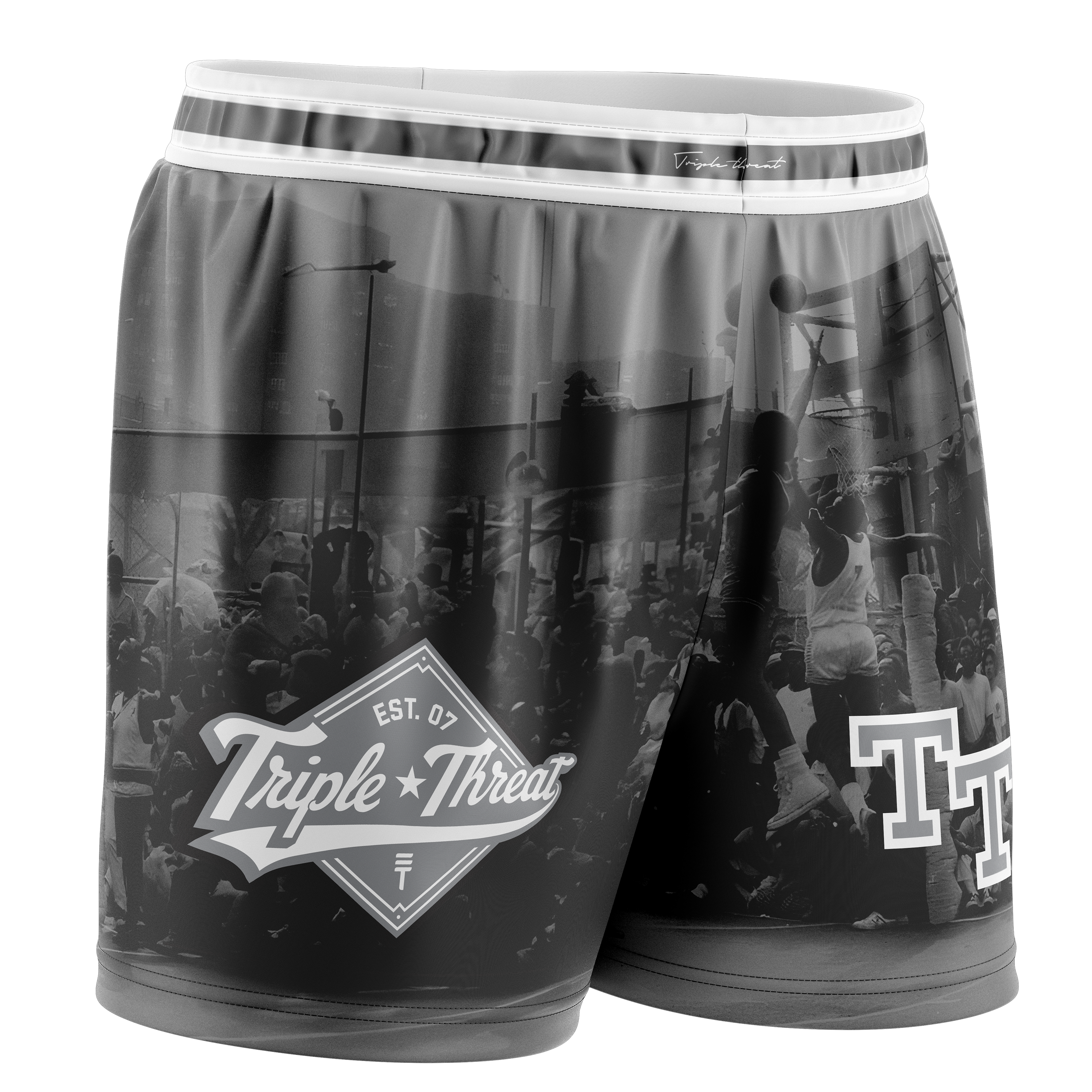 Basketball Shorts with a printed image of Rucker Basketball black and white featuring Triple Threat logos