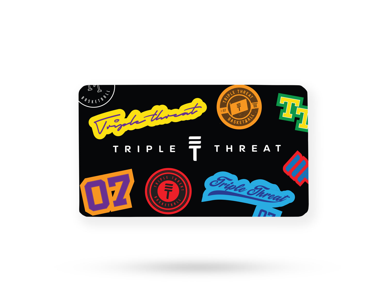 Black Triple Threat gift card with multiple colourful Triple Threat logos and the text 'Triple Threat' in white in the center