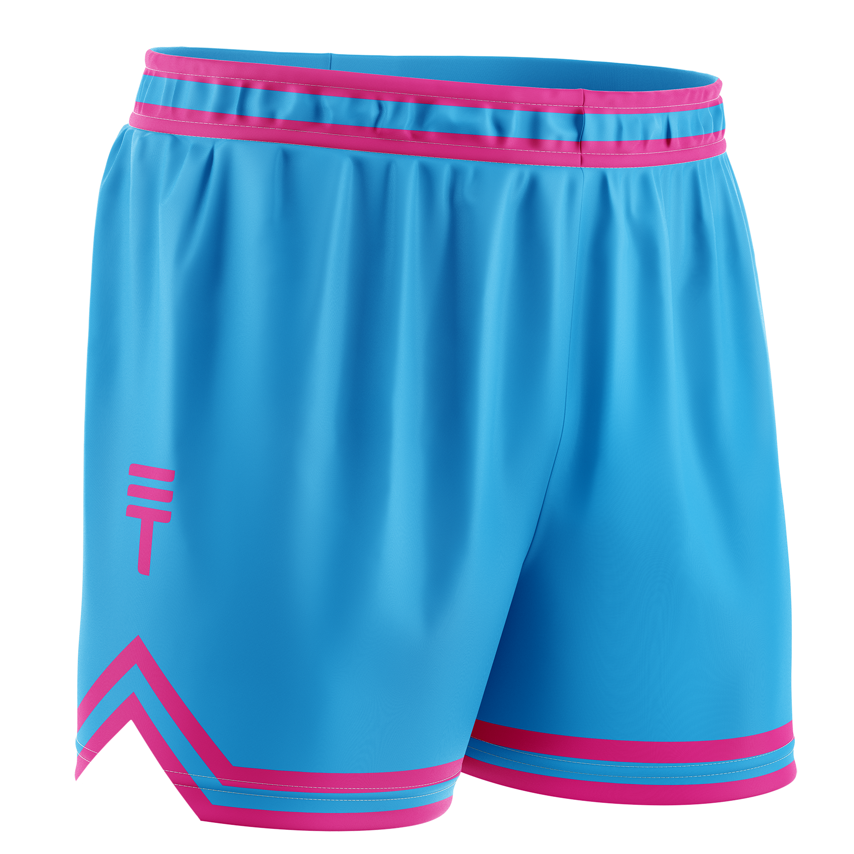 Kids blue basketball shorts with pink trim, featuring a pink Triple Threat logo on the right leg.