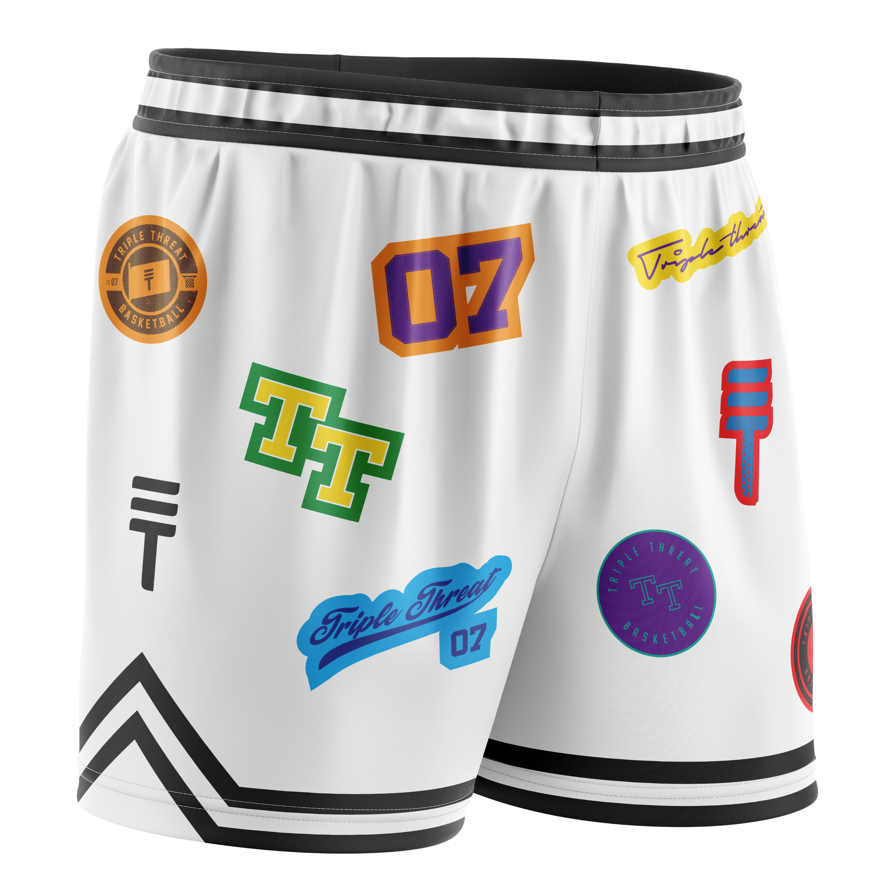 Kids white basketball shorts with black trim on waist and hem with numerous colourful Triple Threat branding