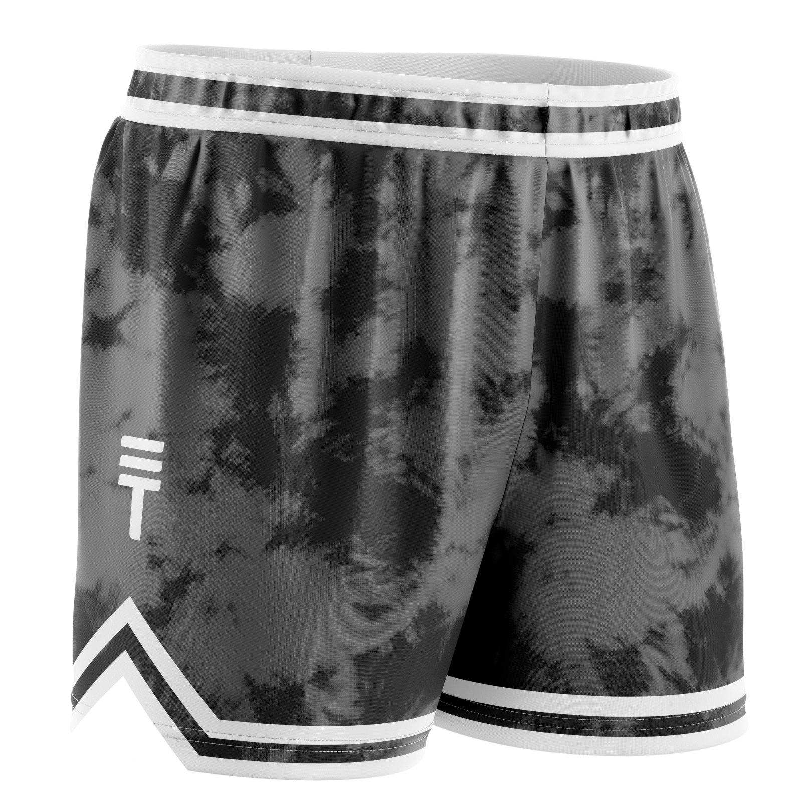 Black and grey tie-dye basketball shorts for kids with an elastic waistband and the Triple Threat logo in a diamond pattern
