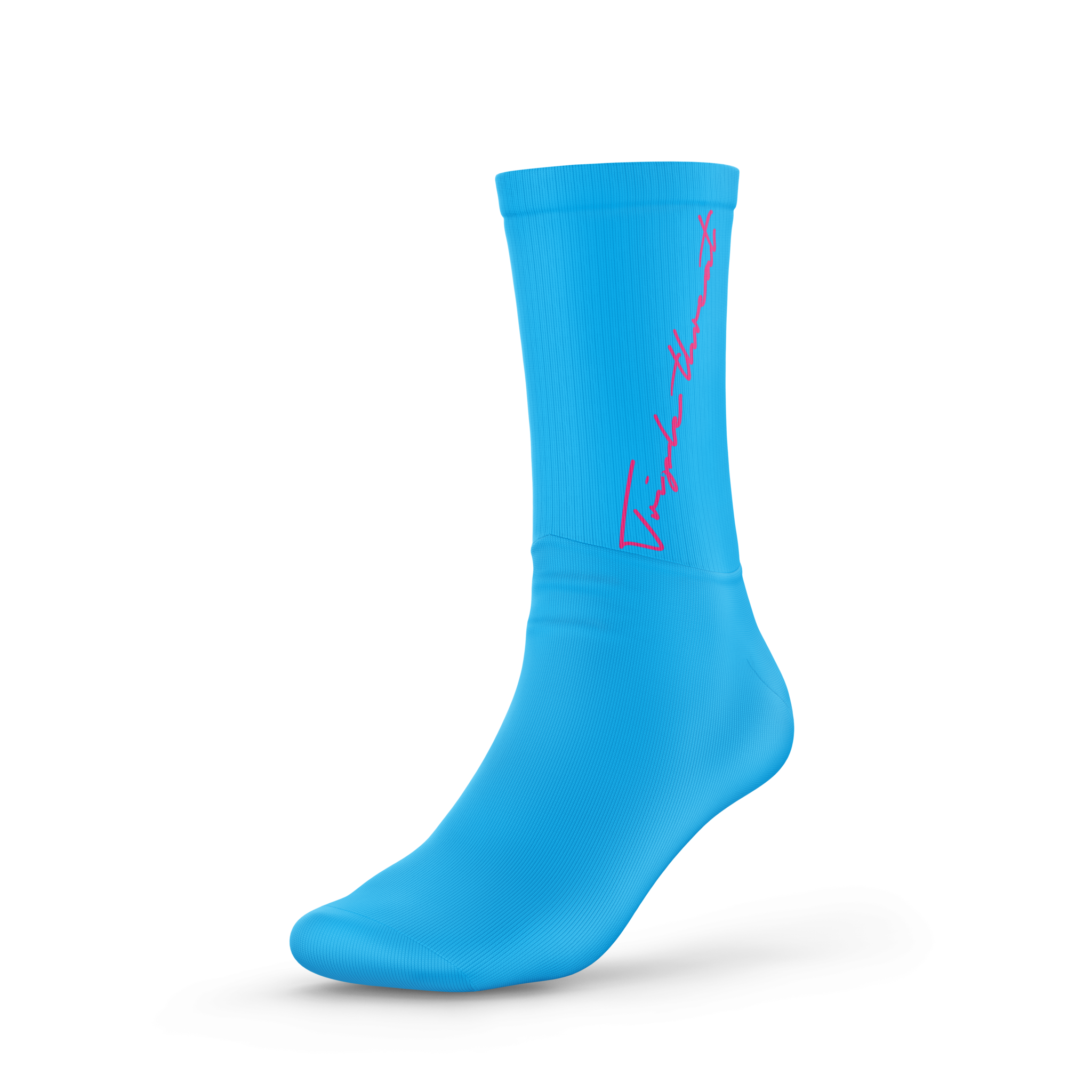 Blue basketball socks with bright pink calligraphy text of the brand 'Triple Threat'