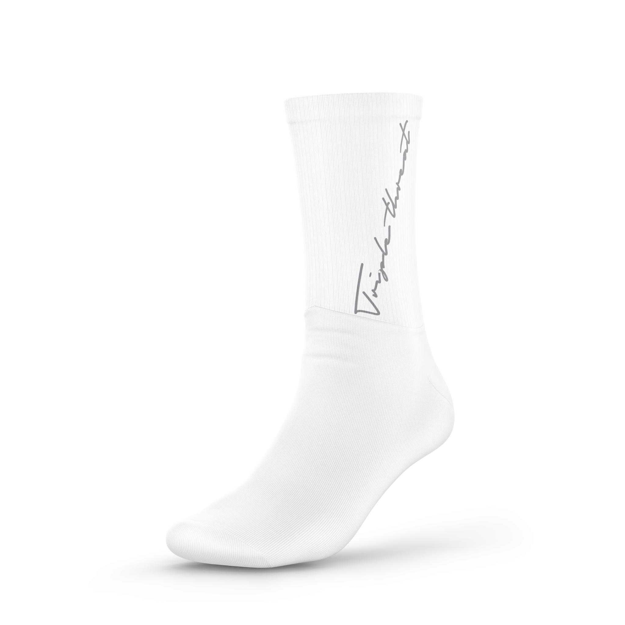 White basketball sock with grey calligraphy text of 'Triple Threat'