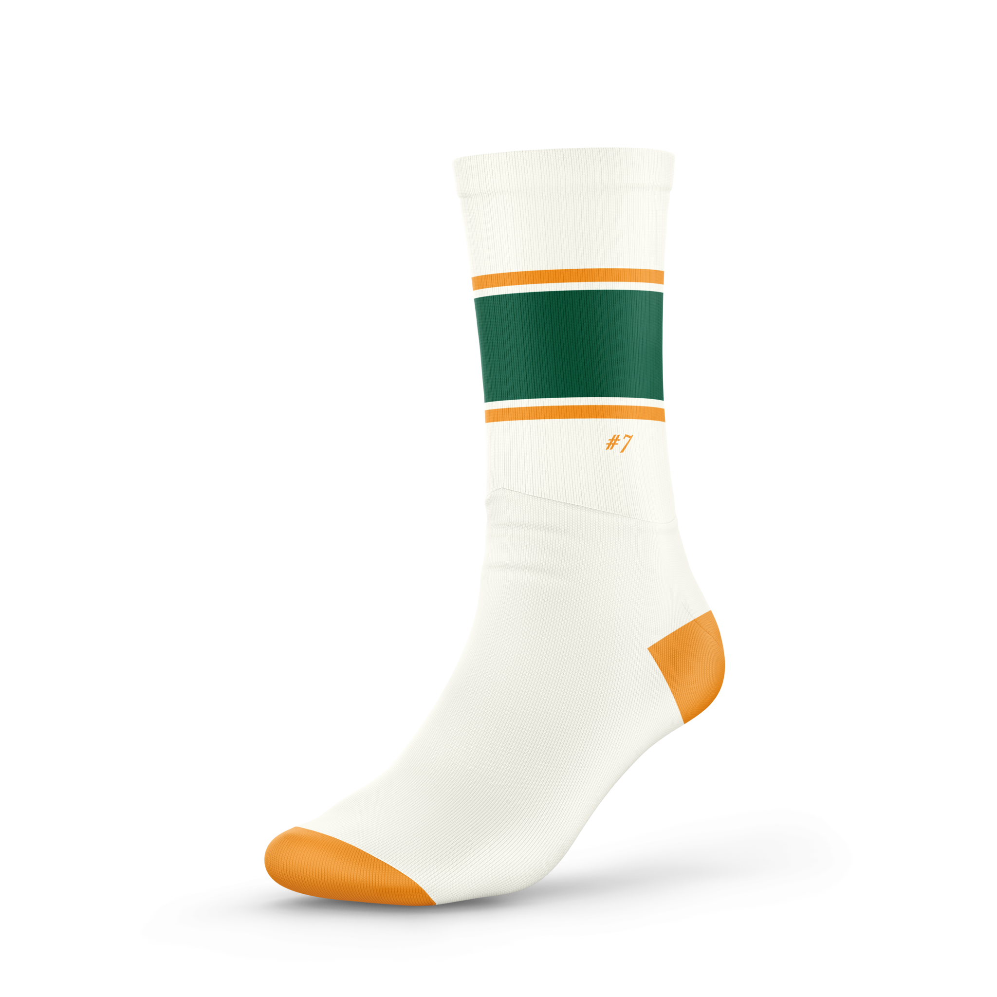 cream sock featuring a bold green stripe with orange smaller stripes and orange toe and heel with a small '#7" detail