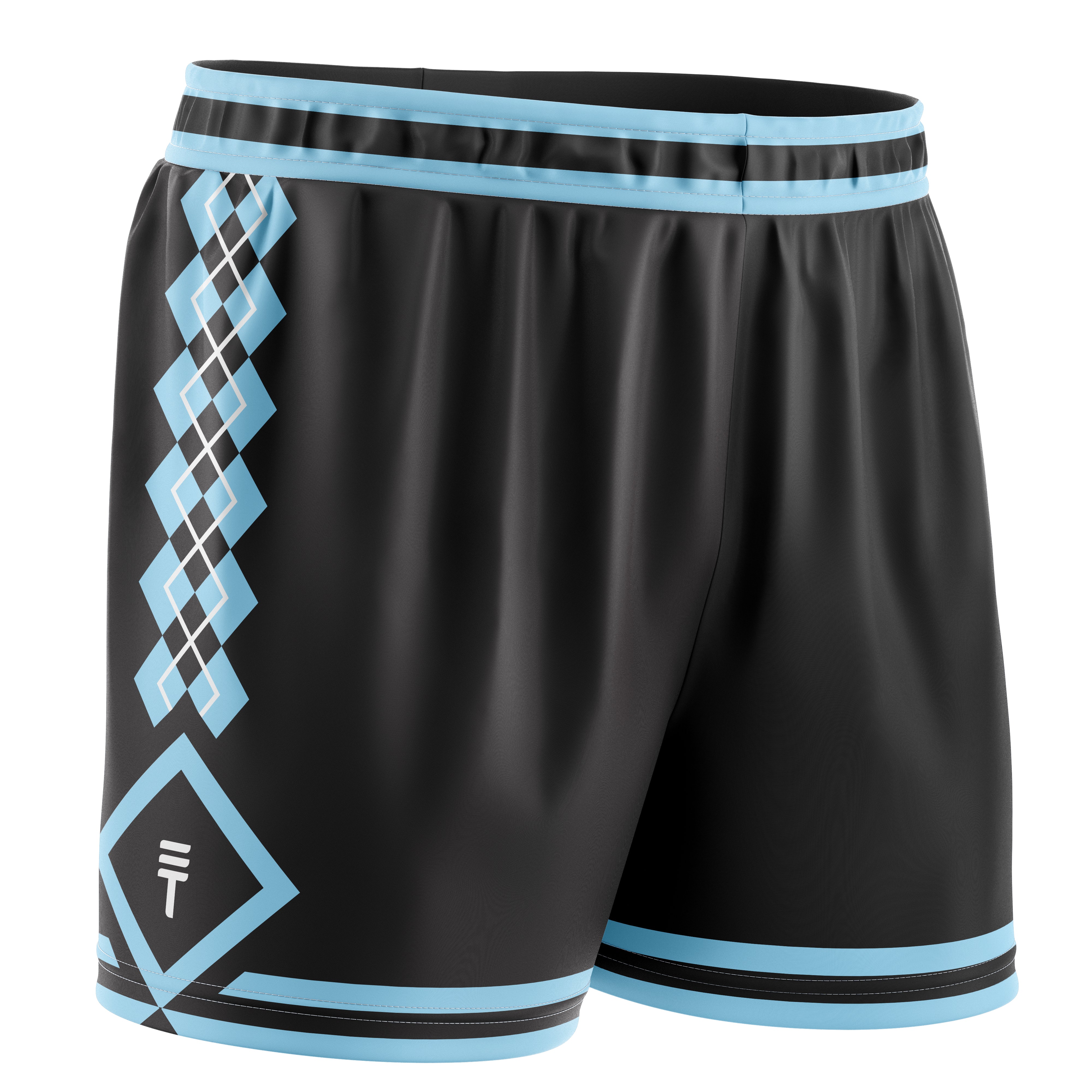 Black basketball shorts with light blue diamond pattern, elastic waistband, side pockets, and the Triple Threat logo