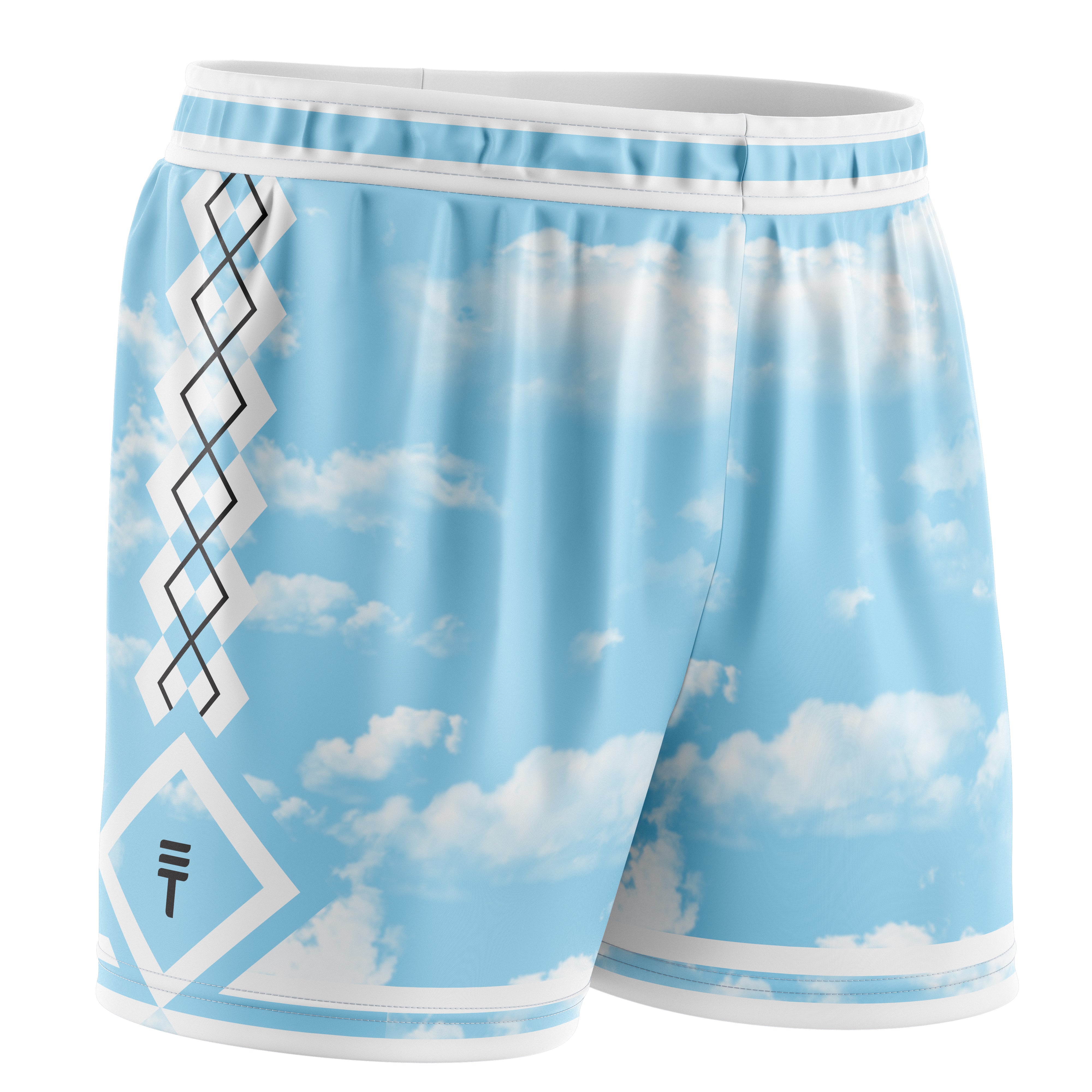Baby blue basketball shorts with a sky and cloud pattern, featuring a diamond pattern, elastic waistband, side pockets, and the Triple Threat logo