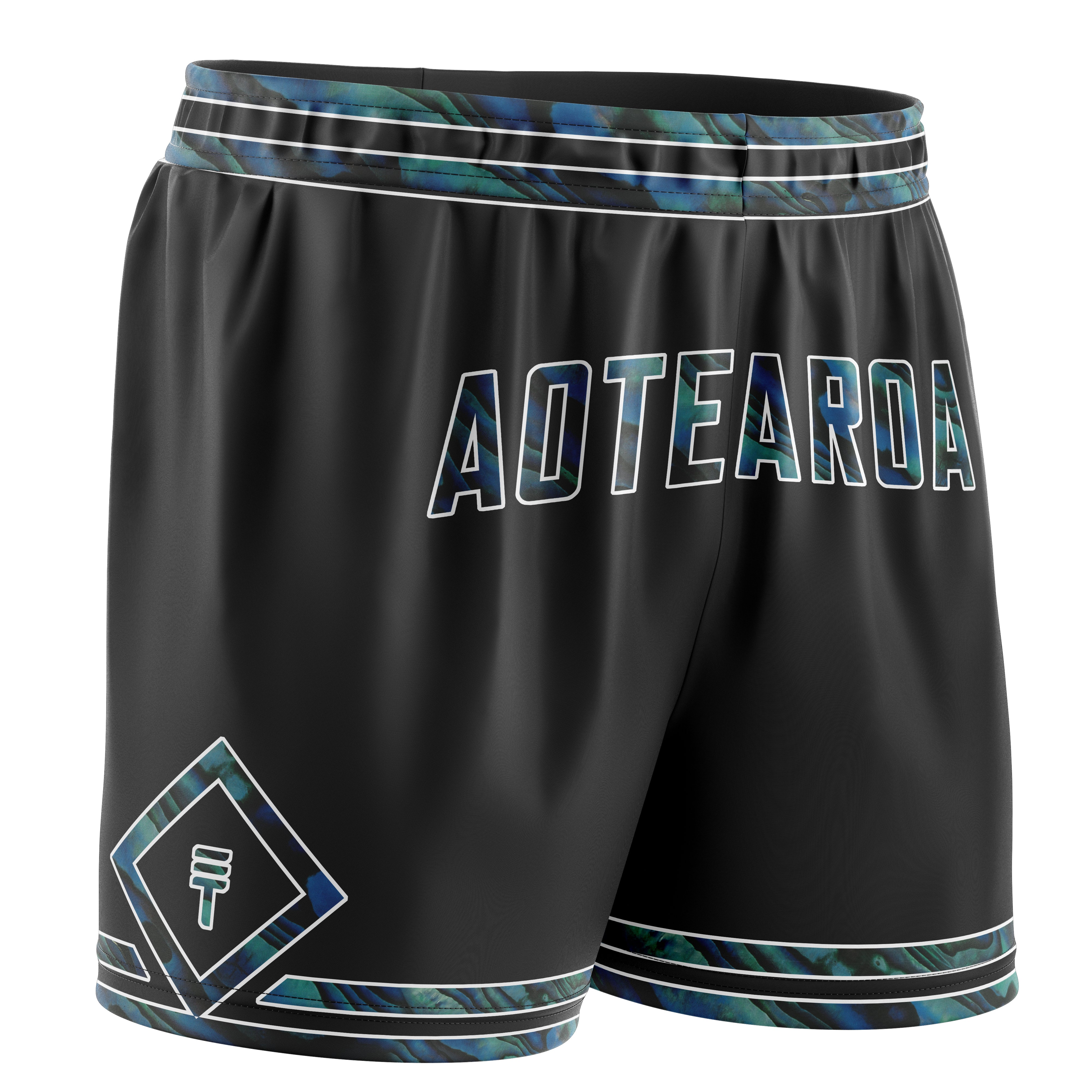 Kids black basketball shorts with Paua shell accents, featuring the word 'Aotearoa' and the Triple Threat logo in a diamond pattern