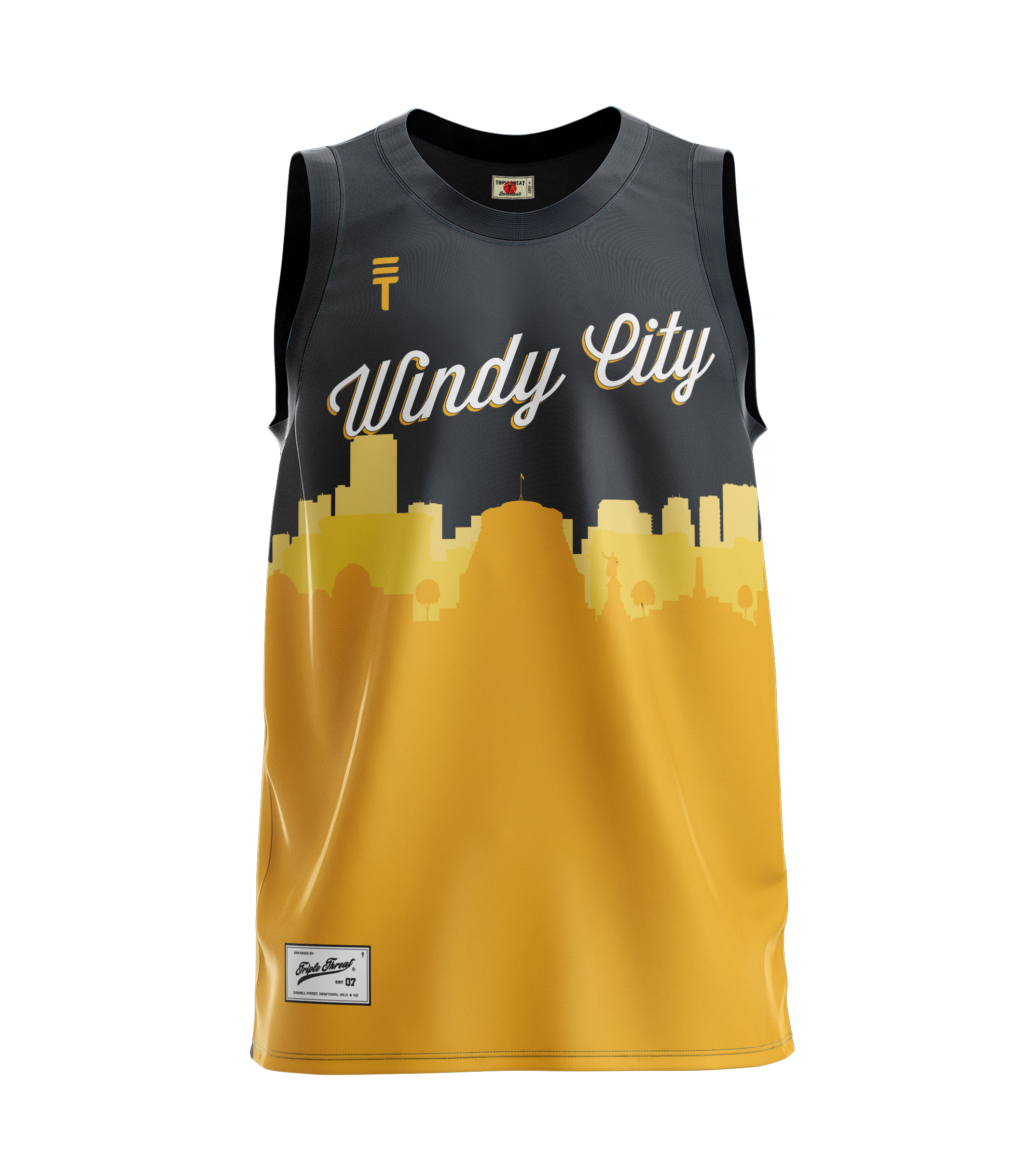 Kids basketball singlet featuring a Triple Threat logo, "Windy City" text with yellow design of Wellington buildings as skyline