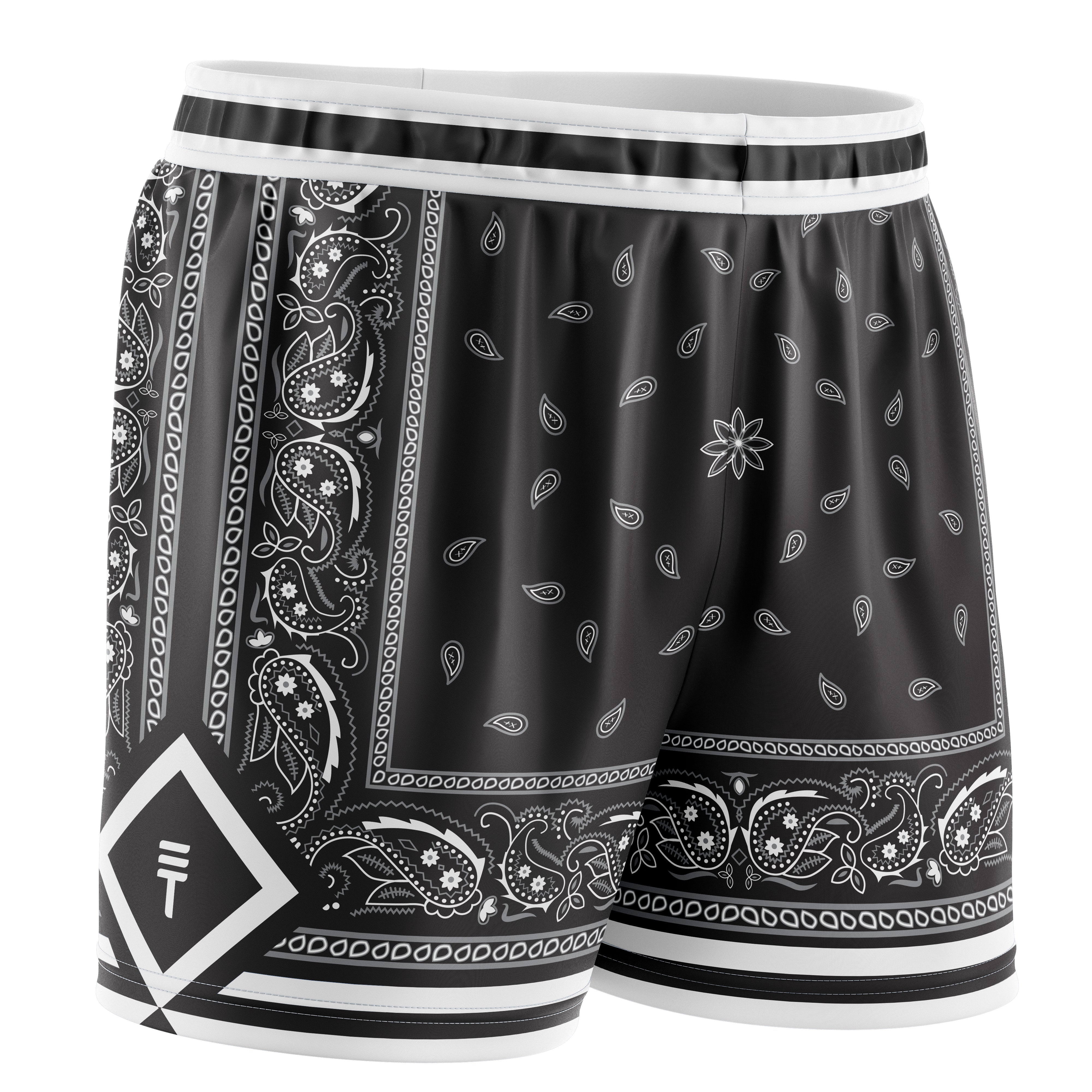 black basketball shorts with white paisley pattern throughout with Triple Threat logo
