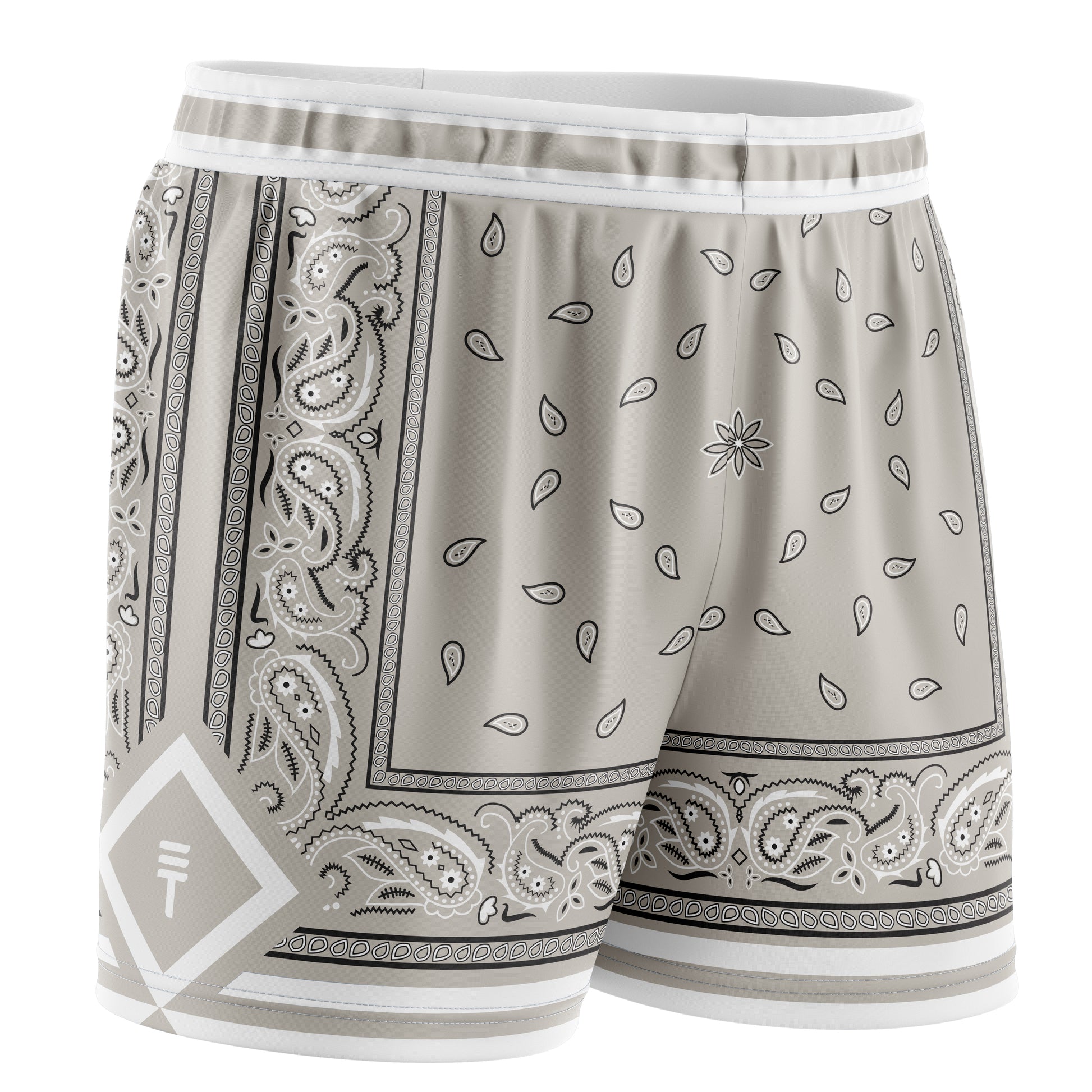 bone coloured basketball shorts with paisley design in black and white featuring a Triple Threat logo in white