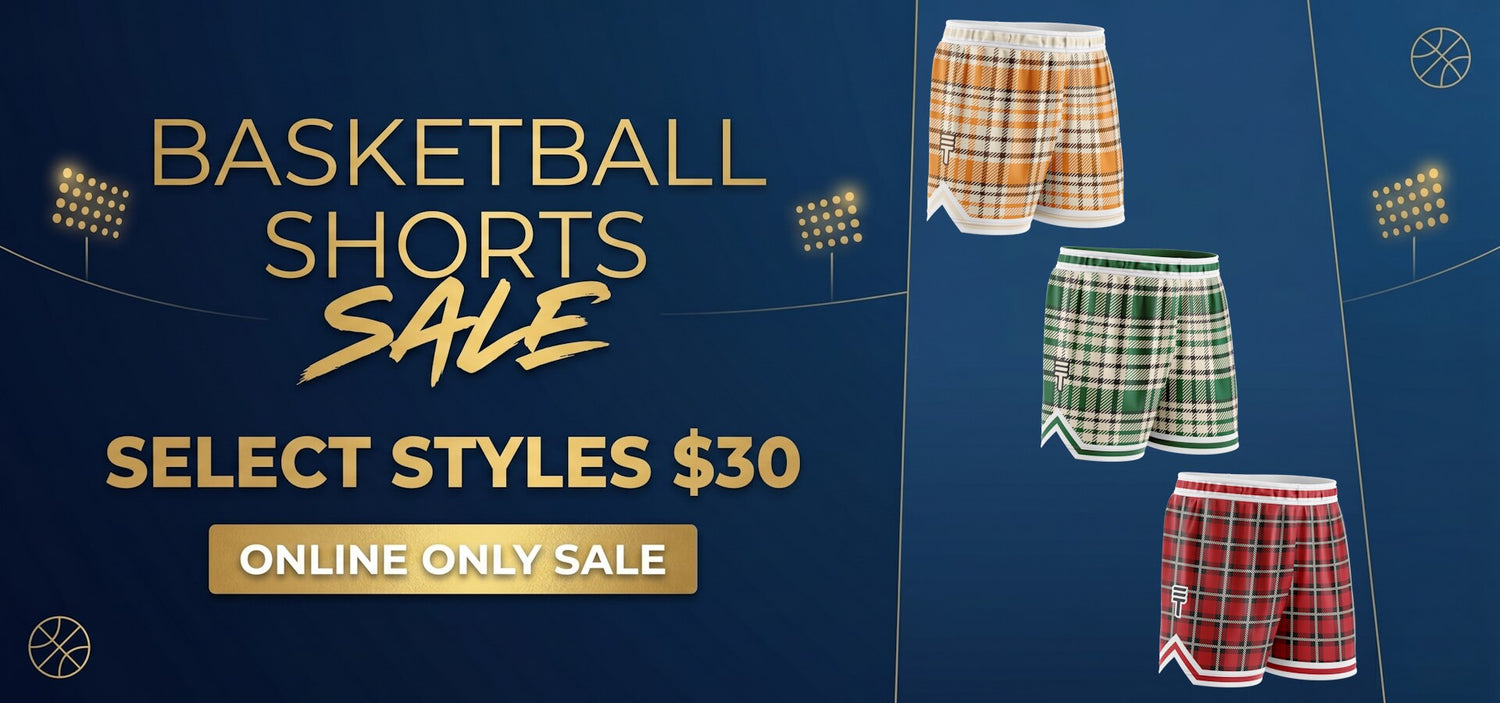 Basketball shorts $30 sale with three pairs of shorts on a blue background.
