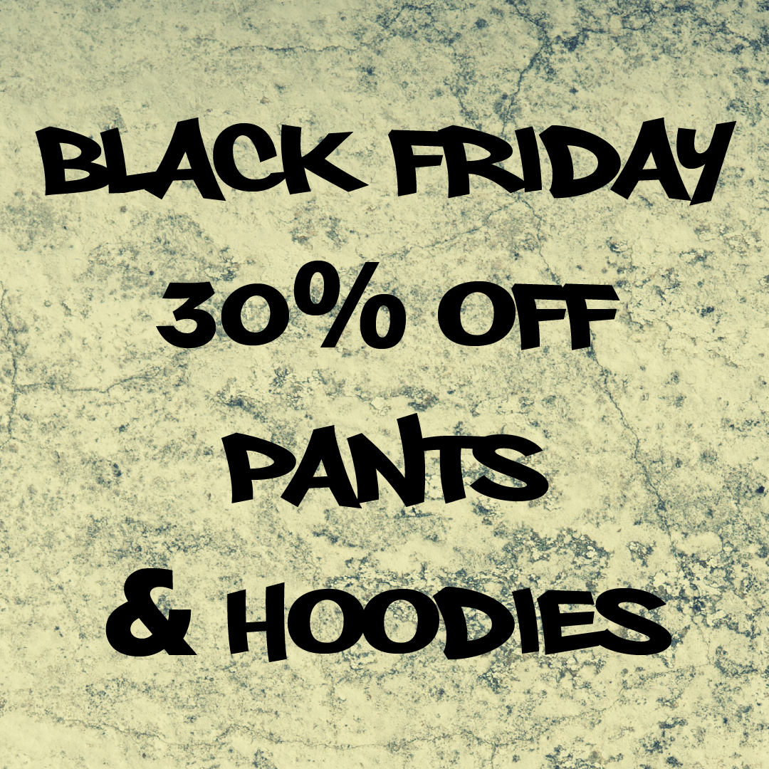 Promotional text for Black Friday Sale on pants & hoodies on a textured beige background
