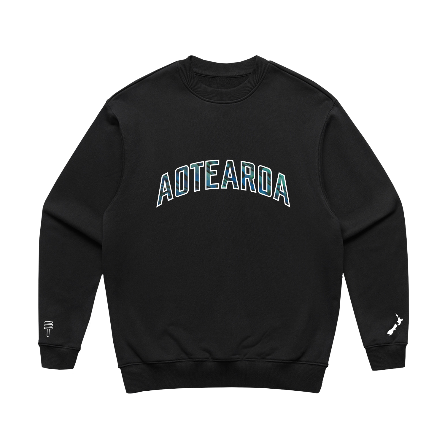 Black kids sweatshirt with 'Aotearoa' text on a white background