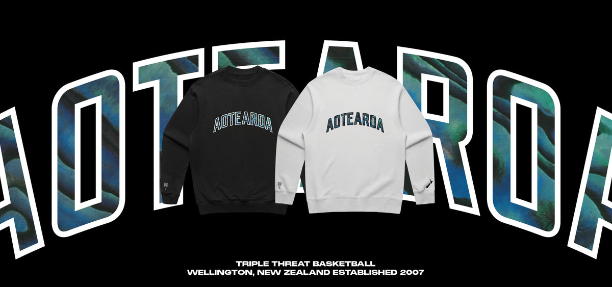 Two sweatshirts with 'Aotearoa' text on a black background with large, stylized Aotearoa text