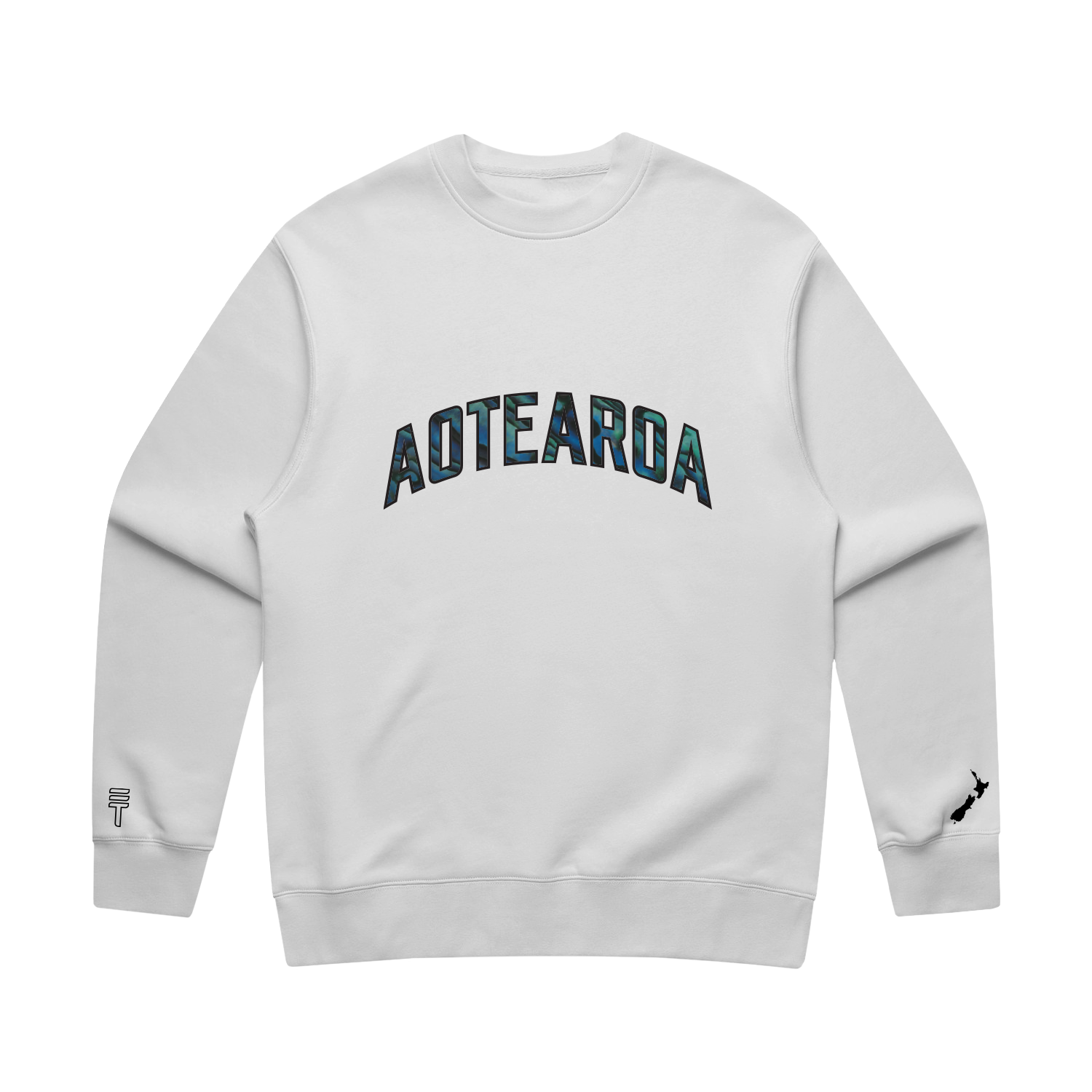 White sweatshirt with 'Aotearoa' text on a white background