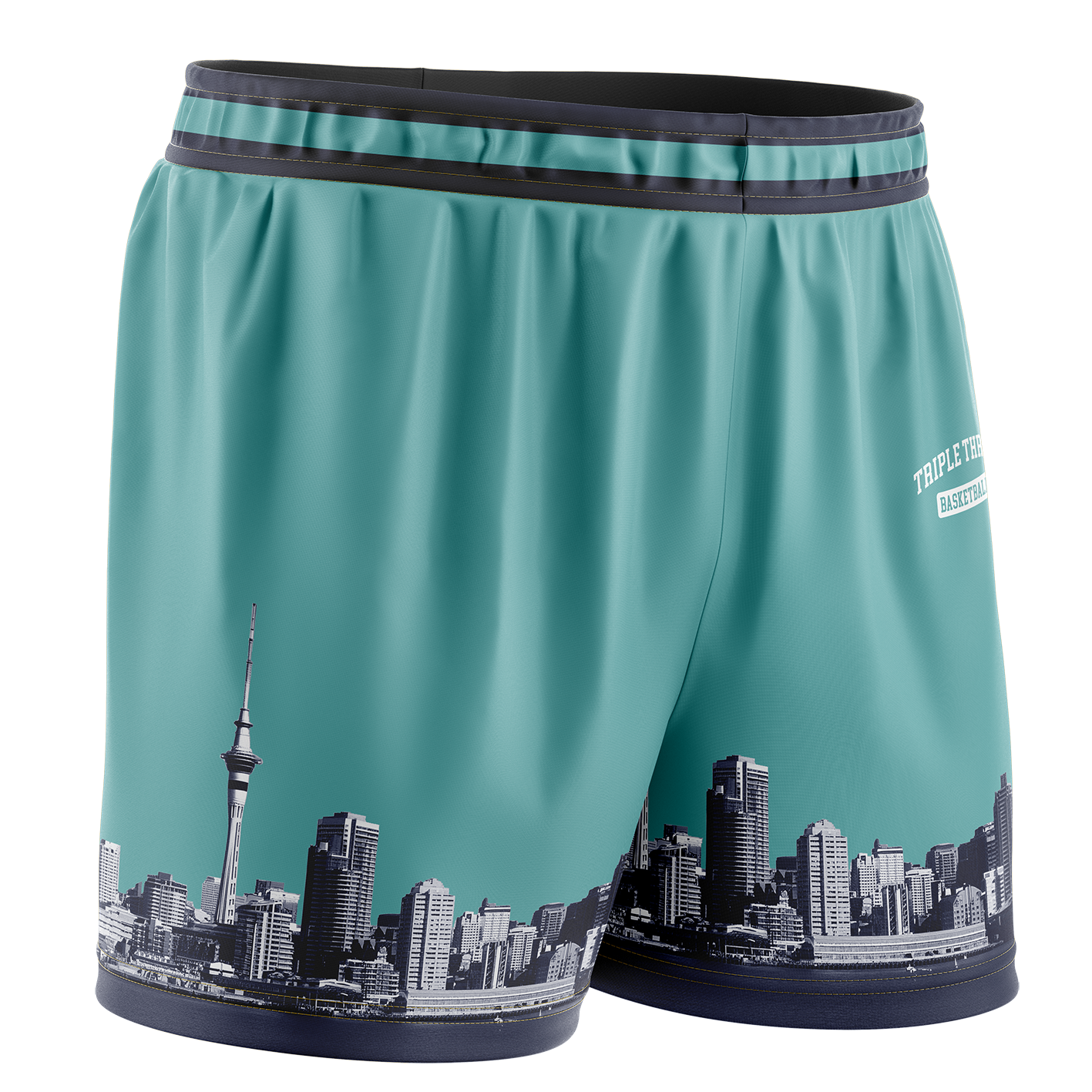 Teal shorts with Auckland cityscape design on a white background