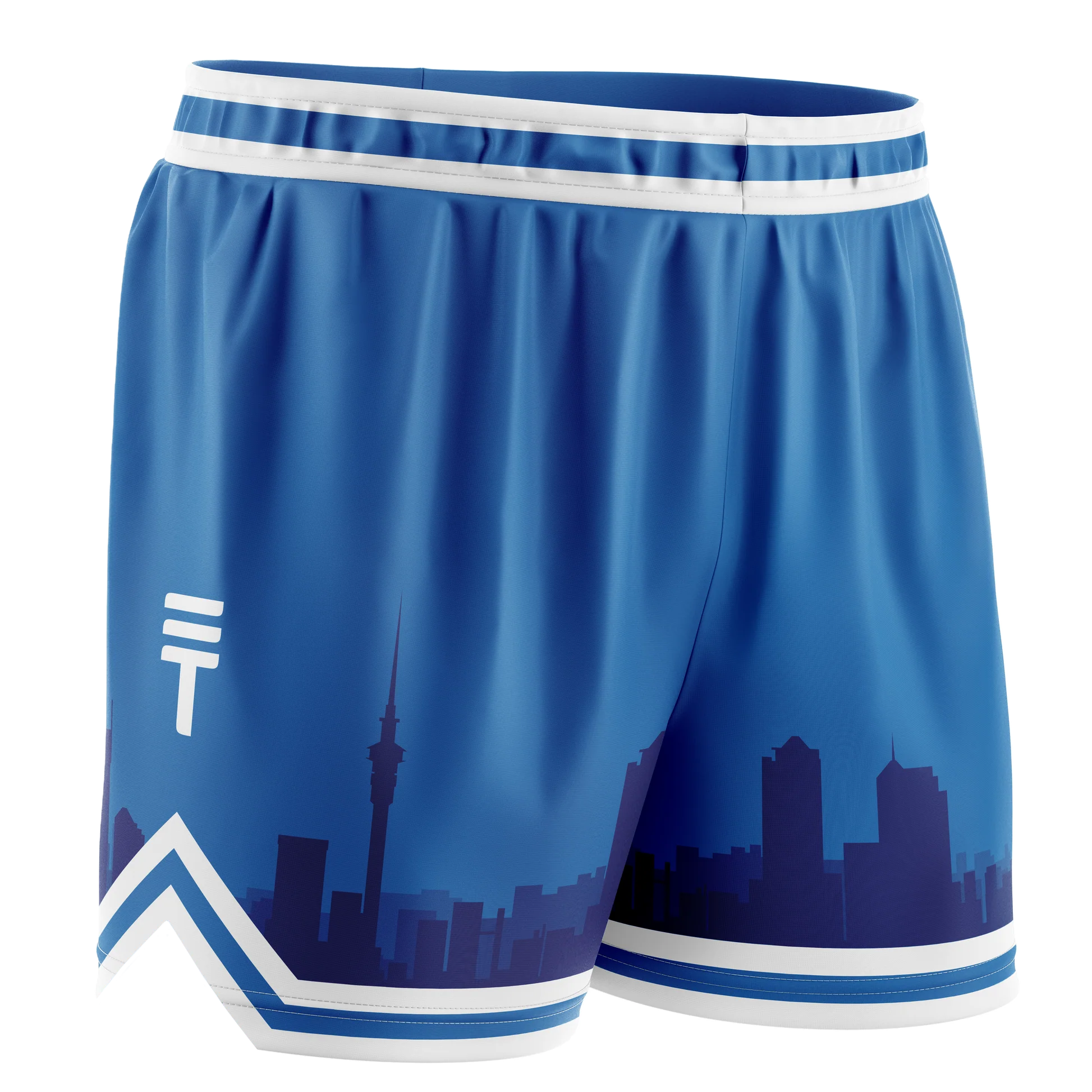Blue basketball shorts with a dark blue Auckland, NZ skyline design, elastic waistband, white trim, and the Triple Threat logo