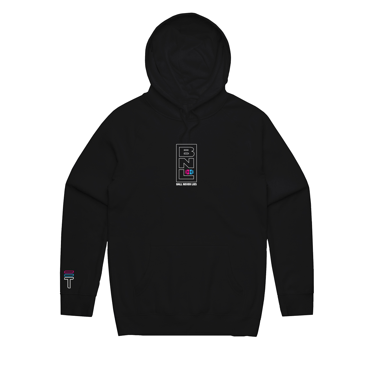 Black hoodie with Ball Never Lies logo on the chest and Triple Threat logo on the sleeve against a white background