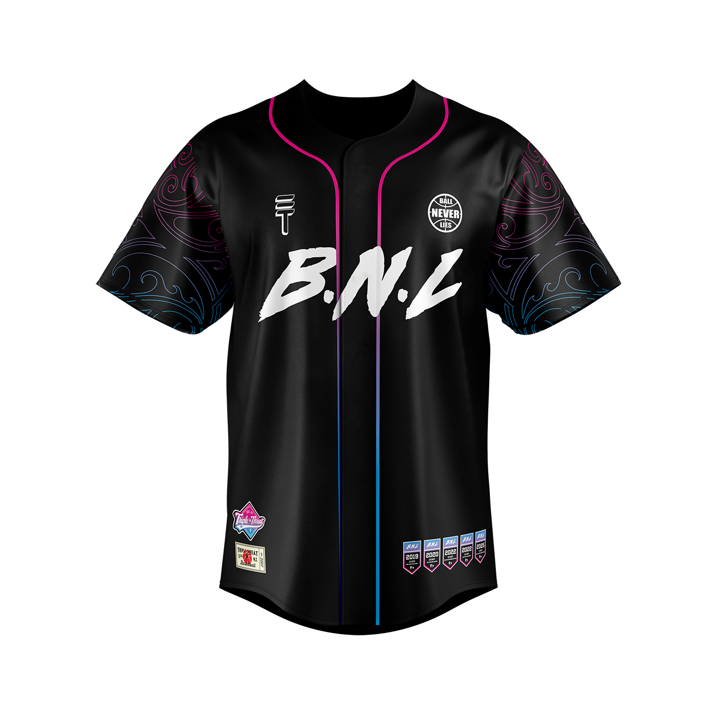 Black baseball jersey with 'B.N.L' branding on a white background
