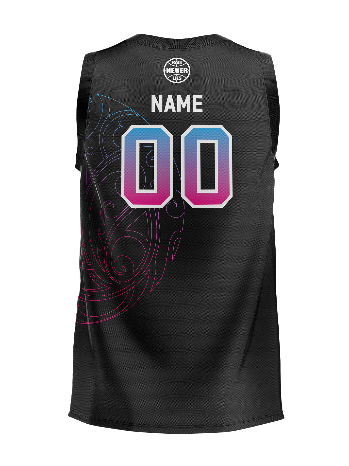 Black basketball jersey back with gradient number design on a white background