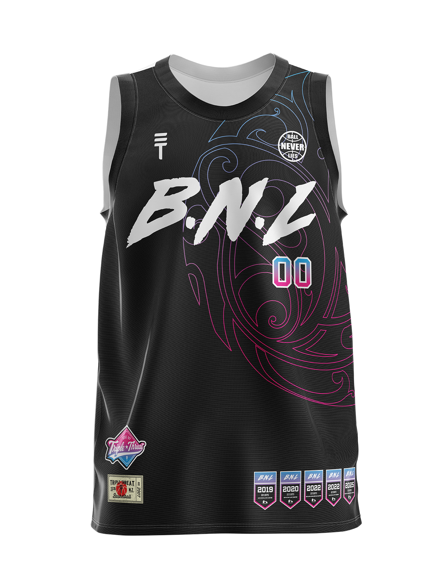 Black basketball jersey with 'B.N.L' and number '00' on a white background