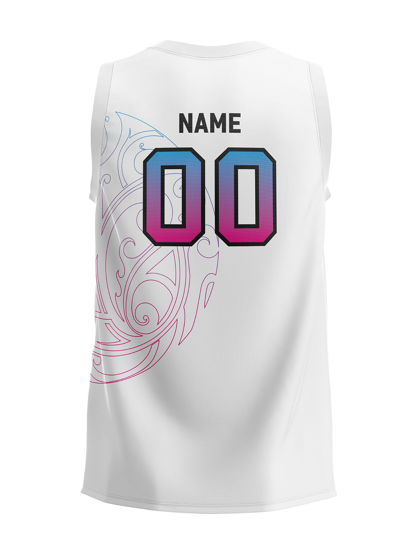 White Basketball Singlet with colorful design and customizable text on a white background