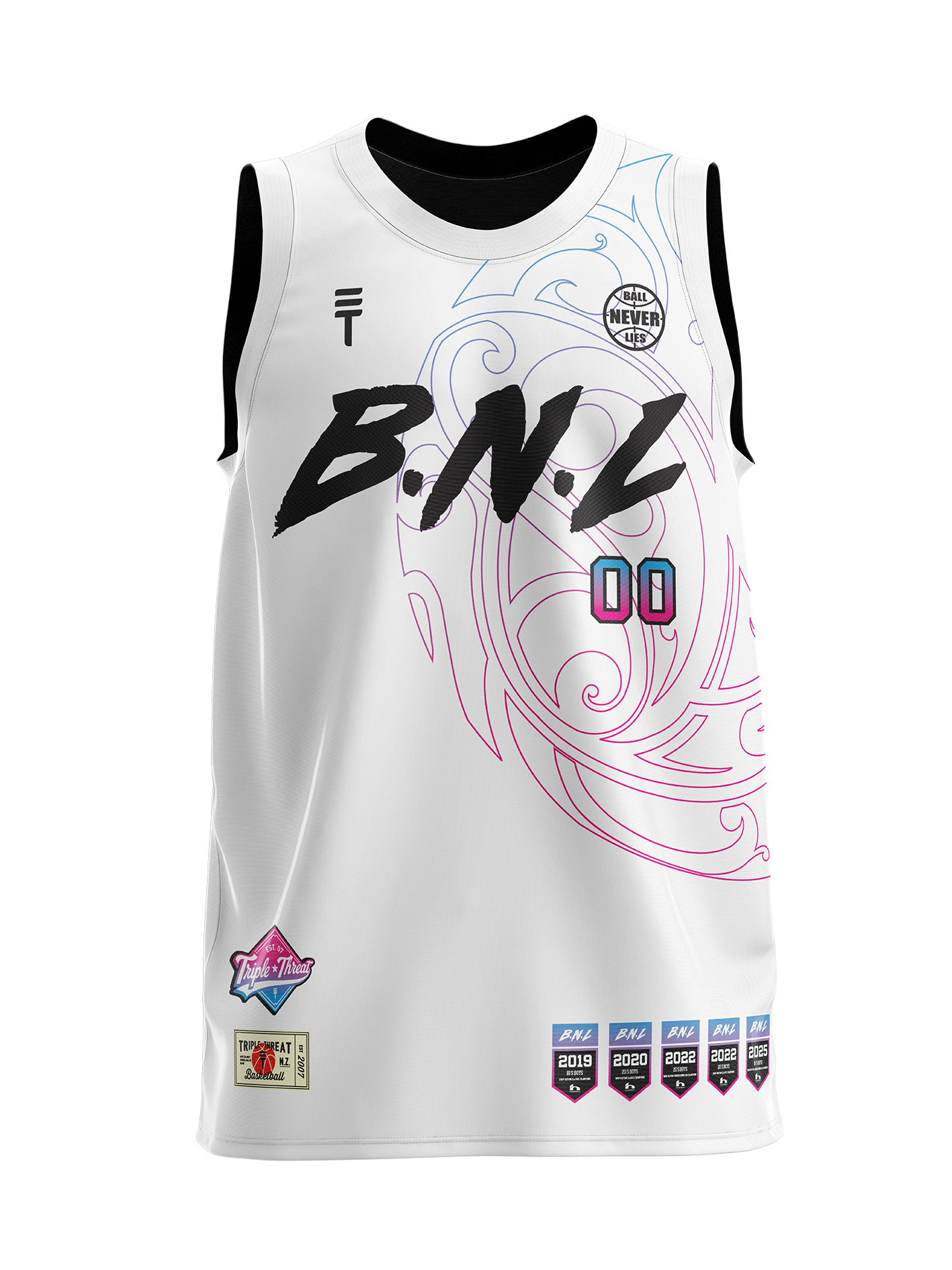 White Basketball jersey with 'B.N.L' branding on a white background