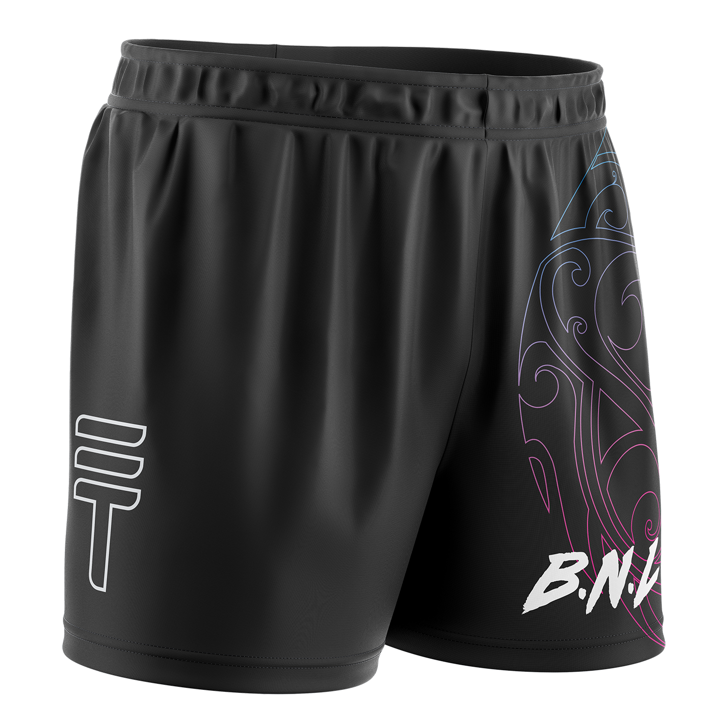 Black athletic shorts with BNL Logo in white on a white background