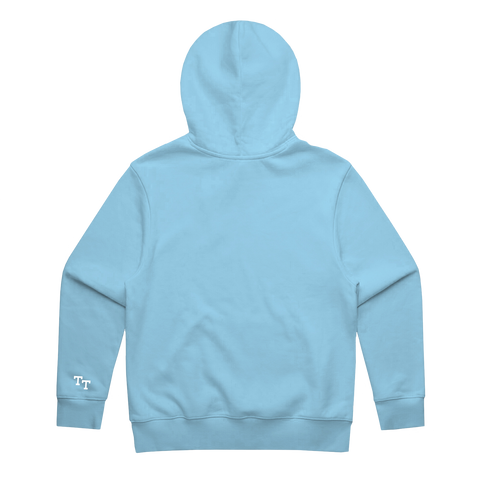 Back of baby blue Triple Threat hoodie with the text "TT"  in white on the back of the left sleeve