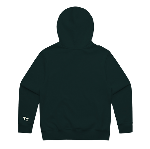 Back of green hoodie with "TT" embroidered on the bottom left sleeve in white 