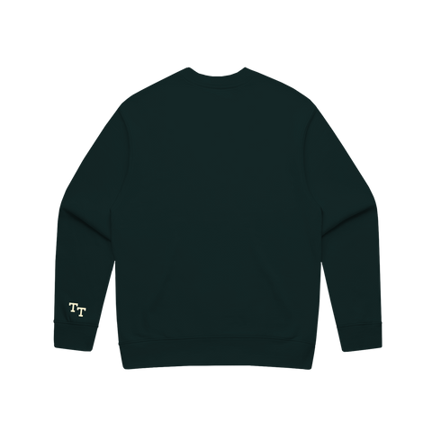 back of green sweater with 'TT' embroidered in white on the bottom left sleeve 