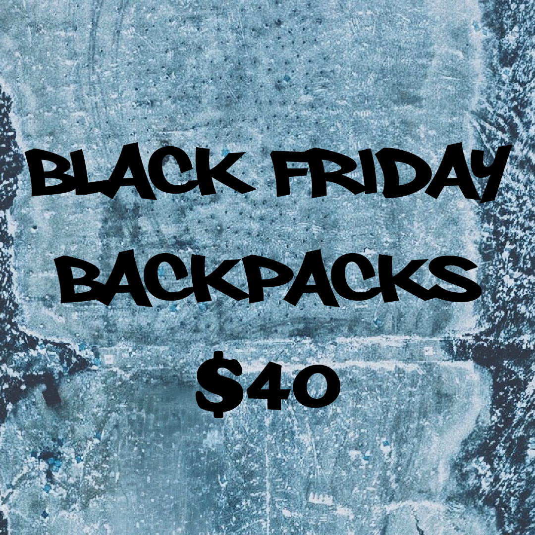 Promotional text for Black Friday backpacks on a textured blue background