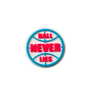 Triple Threat Jibbit / Croc Charm of a ball  outline in blue with the text 'BALL NEVER LIES' inside in red