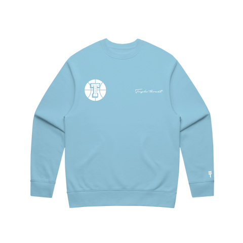 Baby blue sweater with basketball Triple Threat branding and embroidered "Triple Threat" in white and the Triple Threat logo in white and on the bottom left sleeve