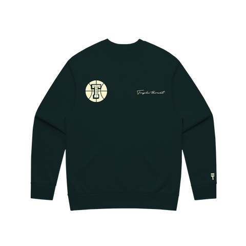 green sweater with basketball Triple Threat branding and embroidered "Triple Threat" in white and the Triple Threat logo in white and on the bottom left sleeve