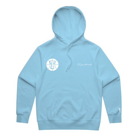 Baby blue hoodie with a white basketball design with "Triple Threat" in a block T inside, with embroidered "Triple Threat" in white and white logo on right sleeve