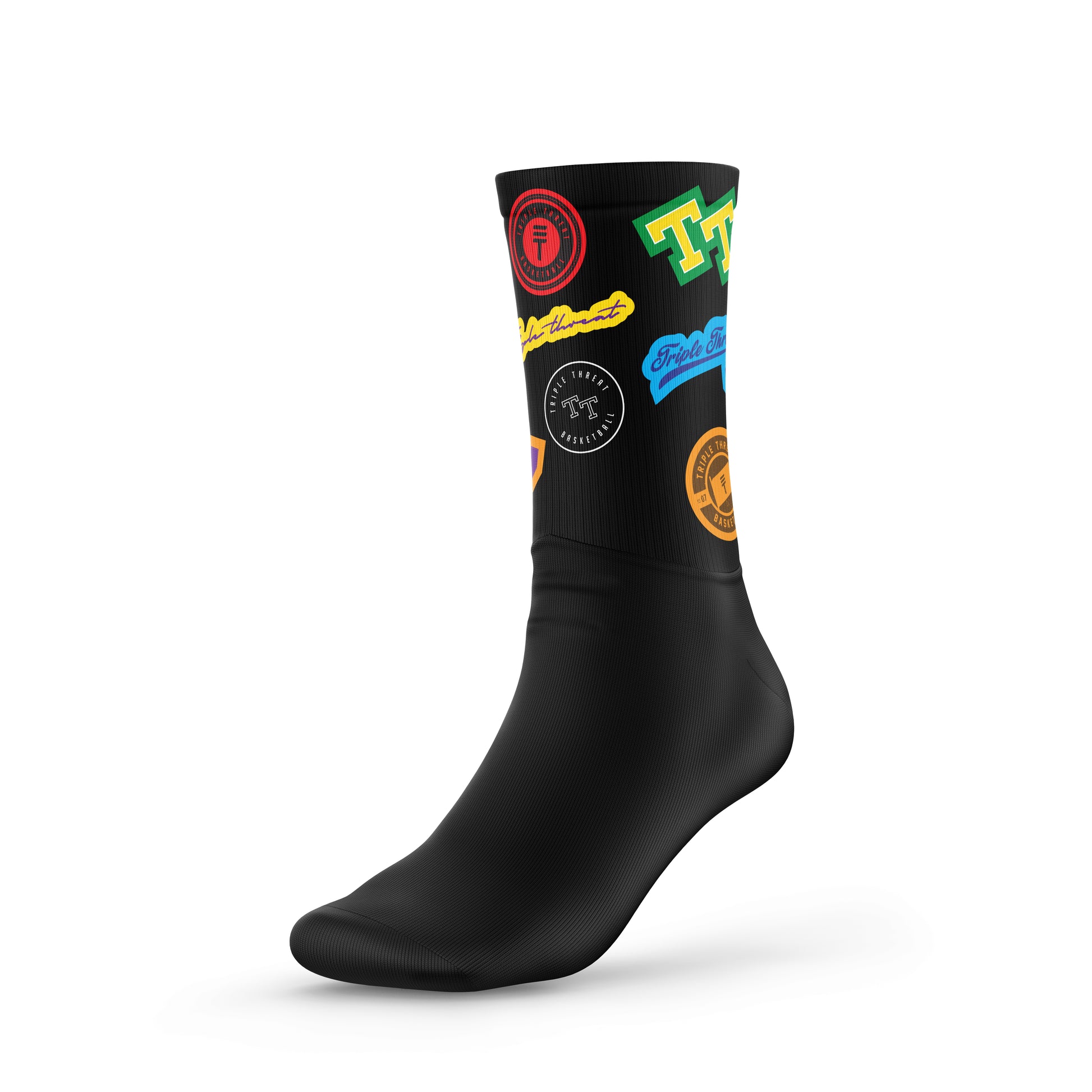 Black basketball sock with colourful Triple Threat logos around the top