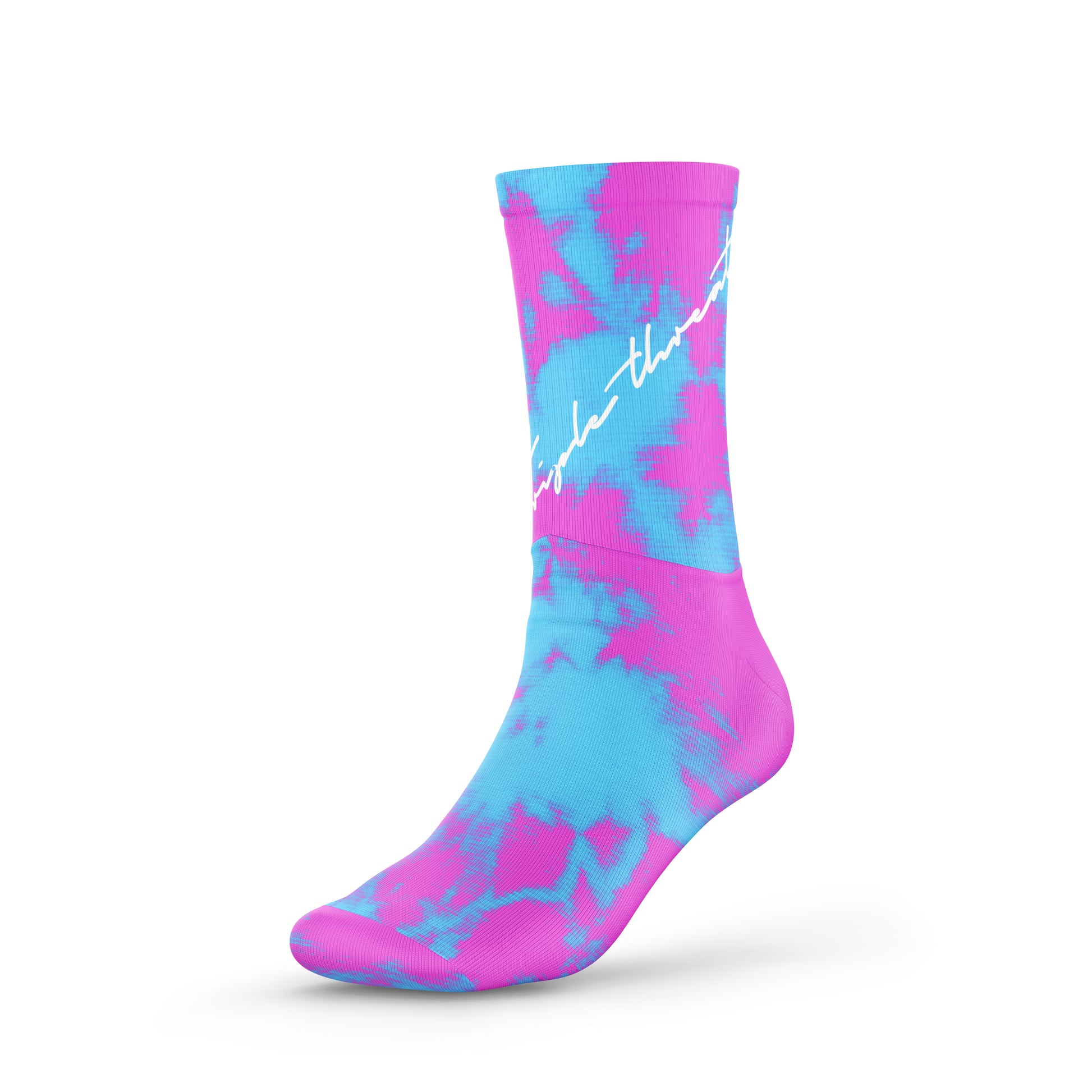 Blue and pink tie dye high cut Triple Threat basketball socks with white calligraphy text of "Triple Threat"