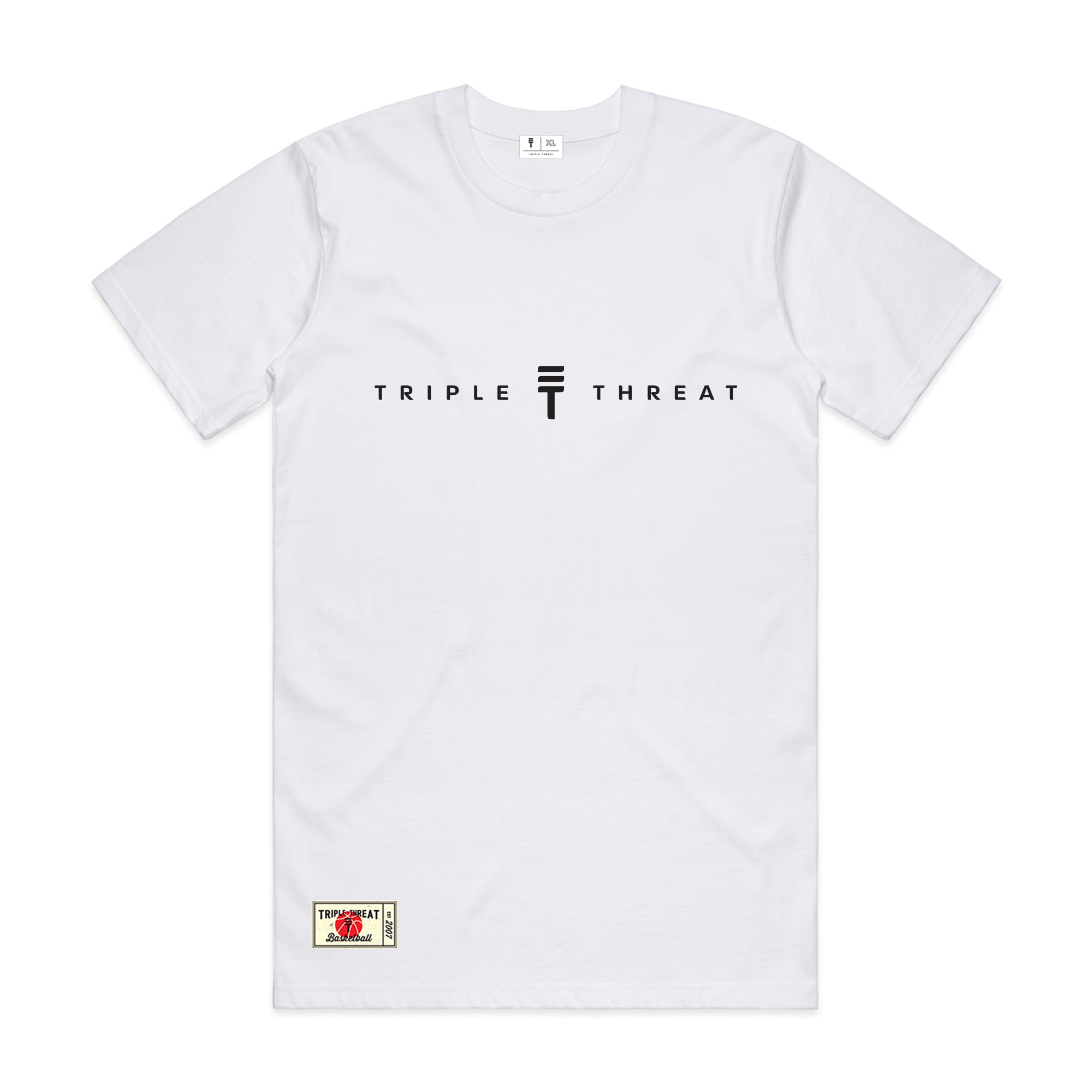 White T-shirt with the text 'Triple Threat' in black with the Triple Threat logo in the center and a small brand stamp on the bottom left corner 